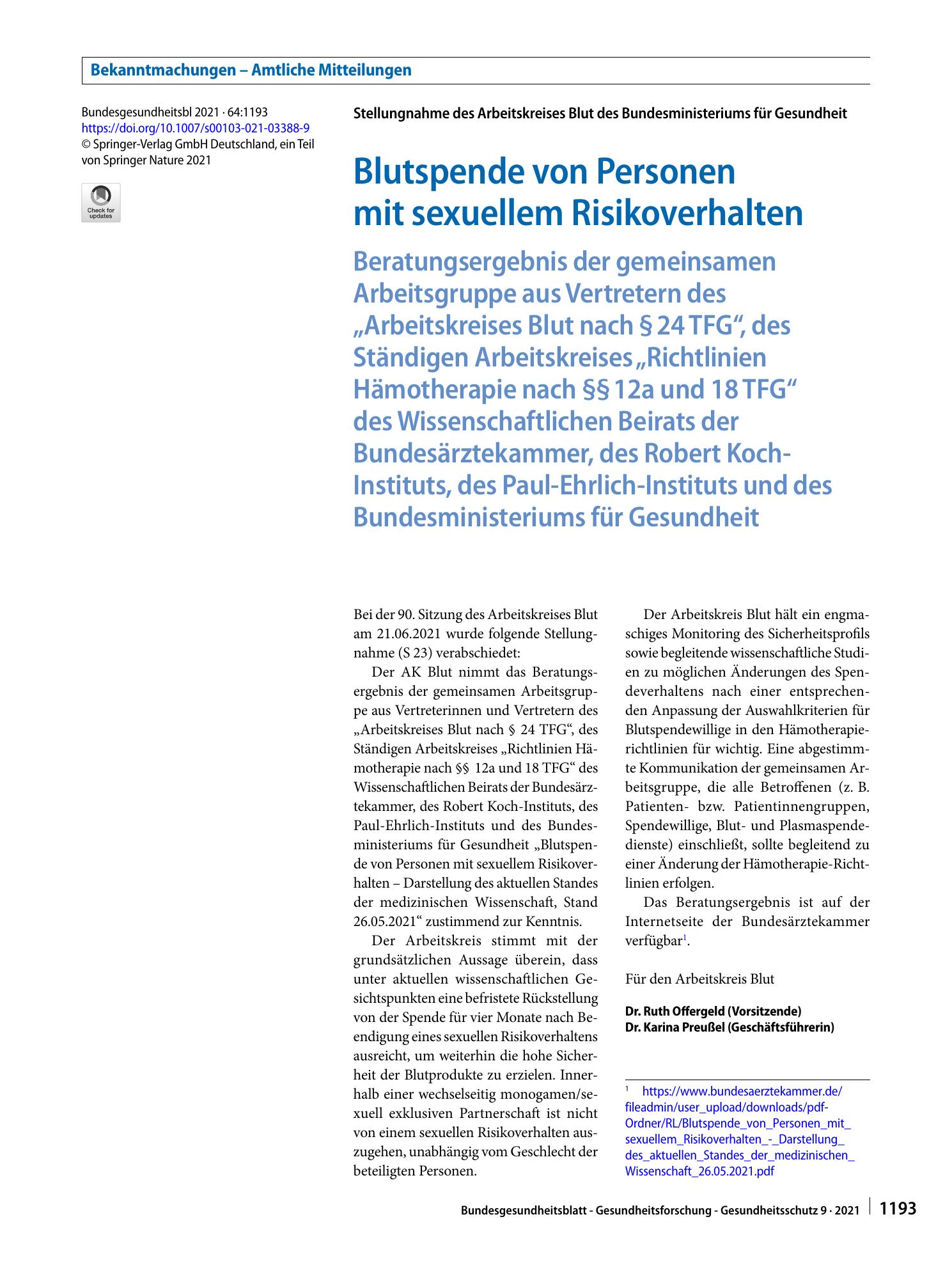 Vorschauseite 1: Blutspende von Personen mit sexuellem Risikoverhalten