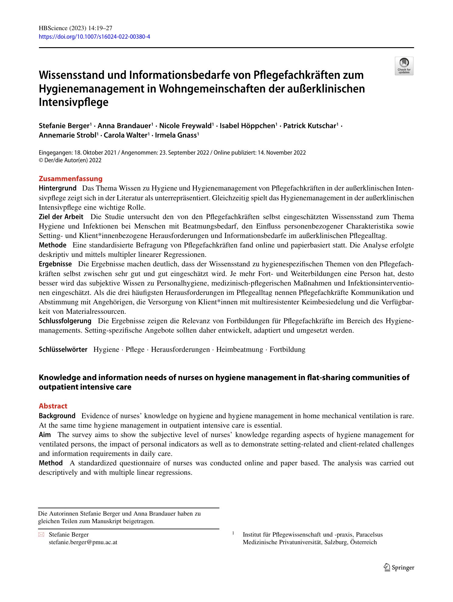 Vorschauseite 1: Wissensstand und Informationsbedarfe von Pflegefachkräften zum Hygienemanagement in Wohngemeinschaften der außerklinischen Intensivpflege