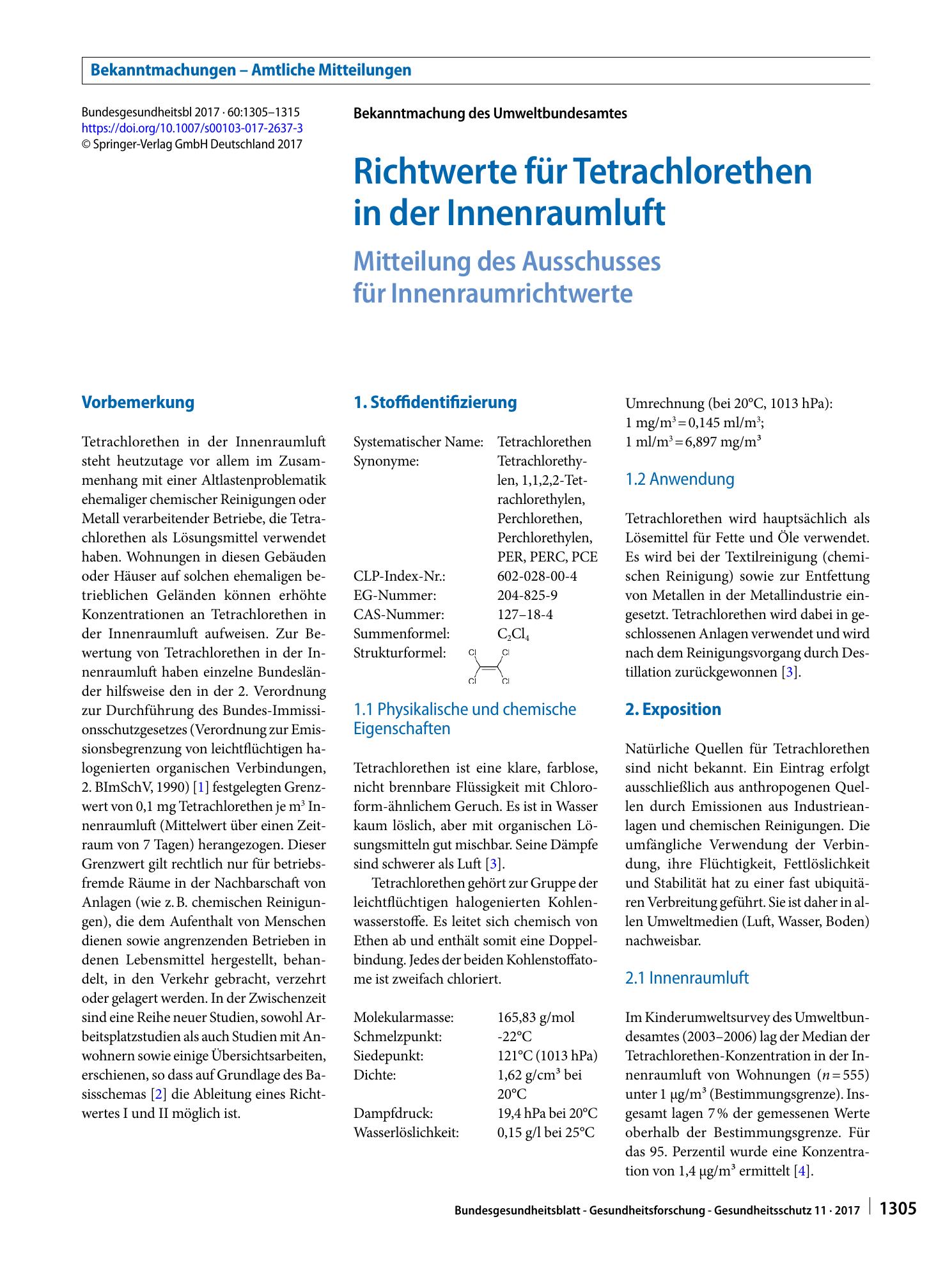 Vorschauseite 1: Richtwerte für Tetrachlorethen in der Innenraumluft