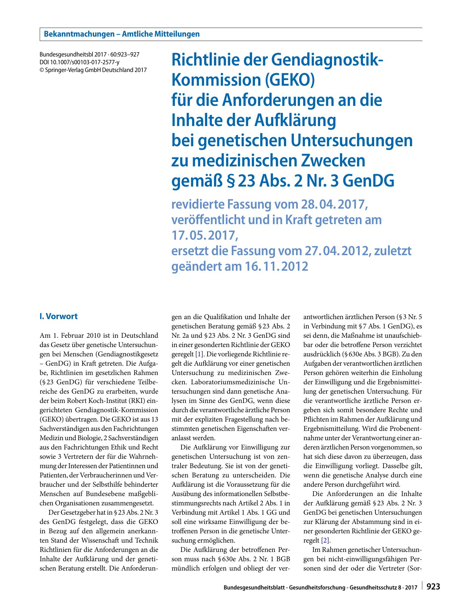 Vorschauseite 1: Richtlinie der Gendiagnostik-Kommission (GEKO) für die Anforderungen an die Inhalte der Aufklärung bei genetischen Untersuchungen zu medizinischen Zwecken gemäß § 23 Abs. 2 Nr. 3…