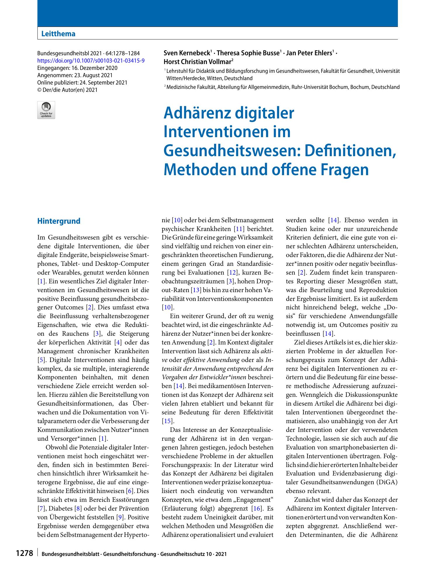 Vorschauseite 1: Adhärenz digitaler Interventionen im Gesundheitswesen: Definitionen, Methoden und offene Fragen