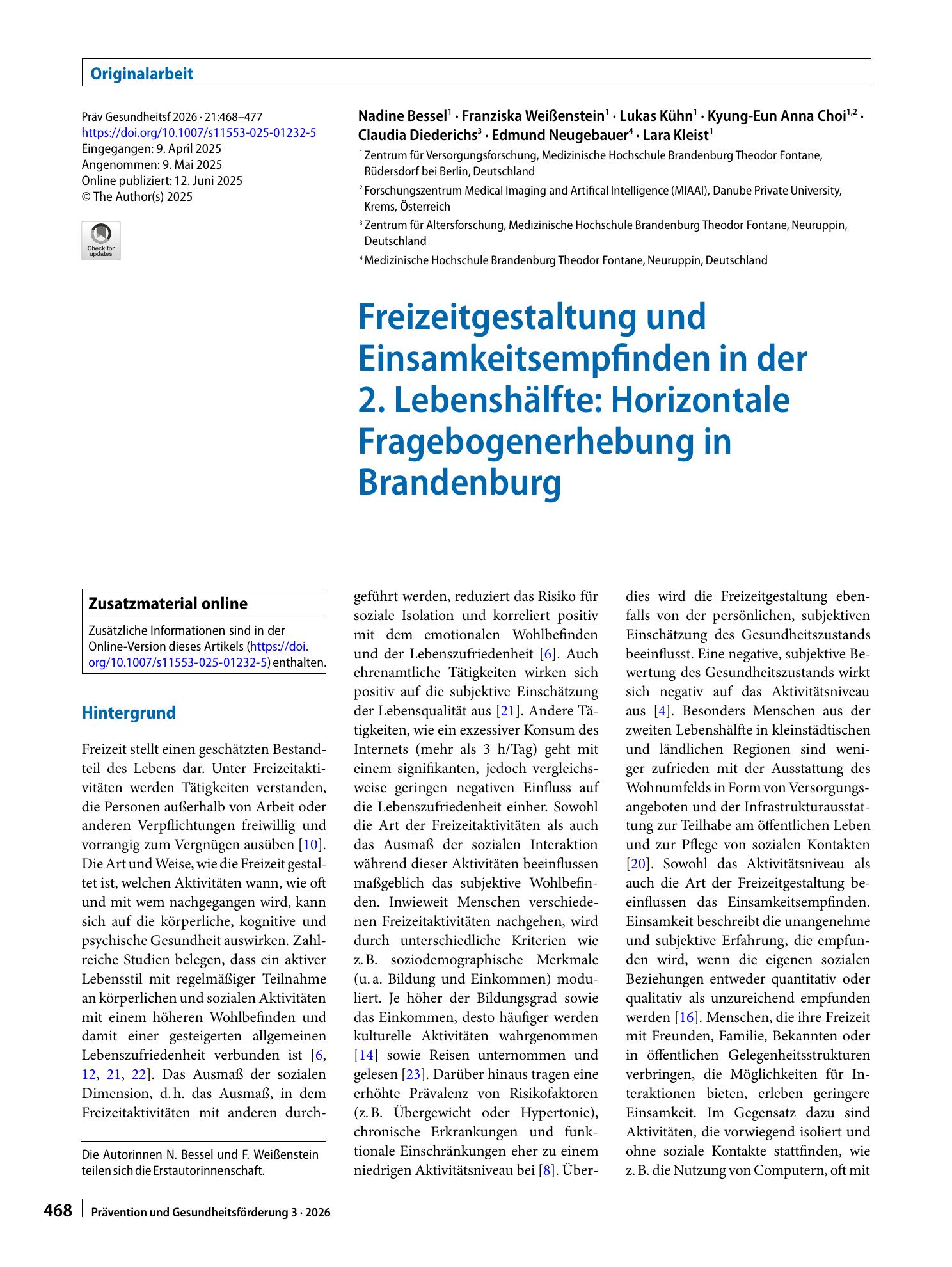 Vorschauseite 1: Freizeitgestaltung und Einsamkeitsempfinden in der 2. Lebenshälfte: Horizontale Fragebogenerhebung in Brandenburg