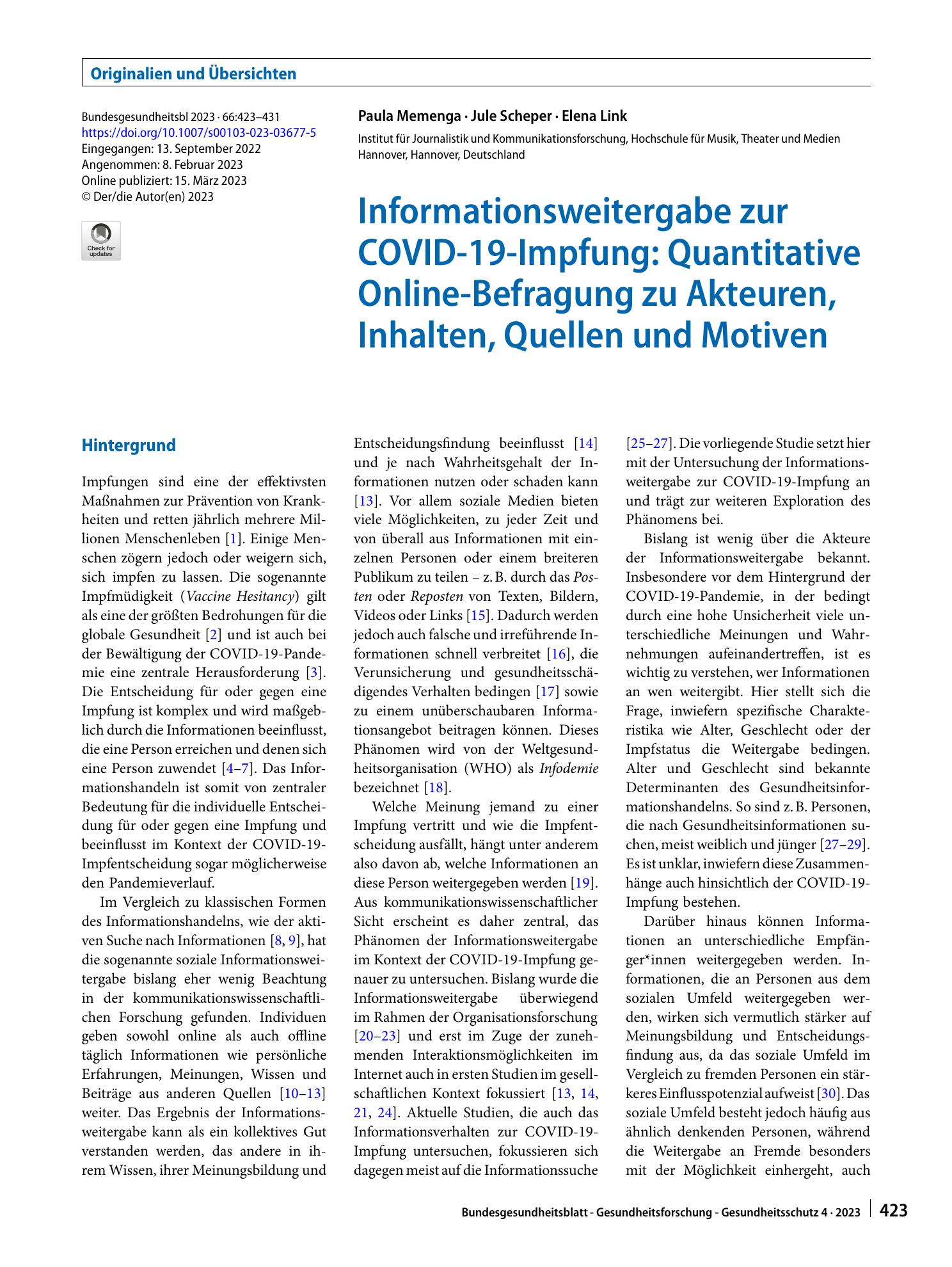 Vorschauseite 1: Informationsweitergabe zur COVID-19-Impfung: Quantitative Online-Befragung zu Akteuren, Inhalten, Quellen und Motiven