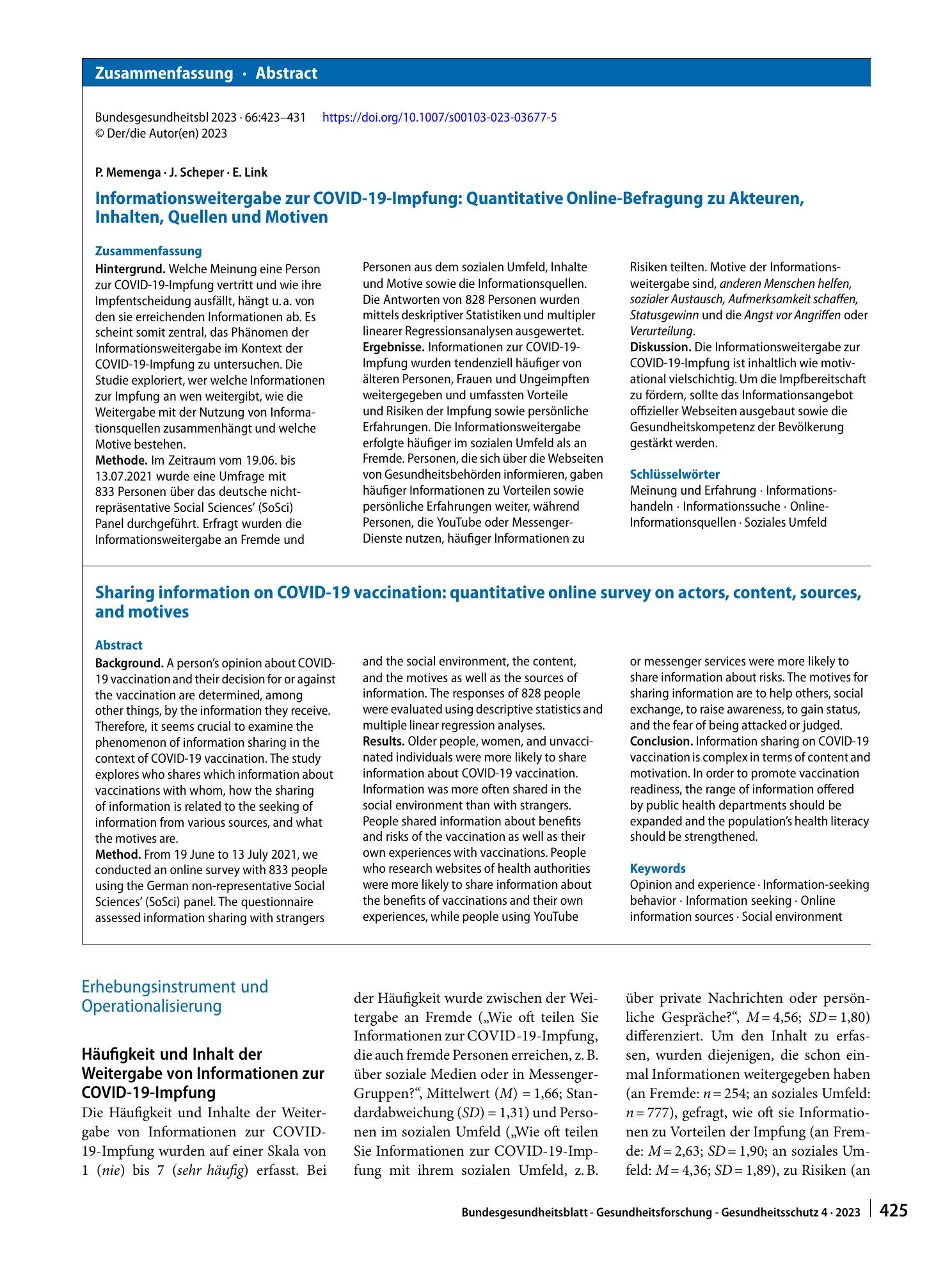Vorschauseite 3: Informationsweitergabe zur COVID-19-Impfung: Quantitative Online-Befragung zu Akteuren, Inhalten, Quellen und Motiven