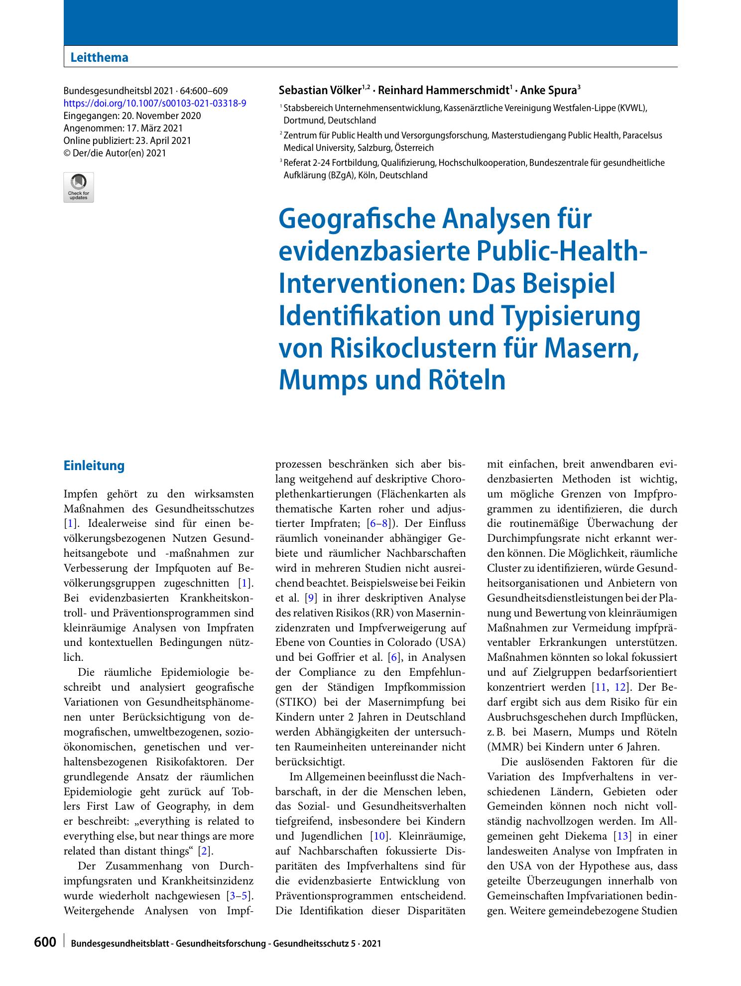 Vorschauseite 1: Geografische Analysen für evidenzbasierte Public-Health-Interventionen: Das Beispiel Identifikation und Typisierung von Risikoclustern für Masern, Mumps und Röteln