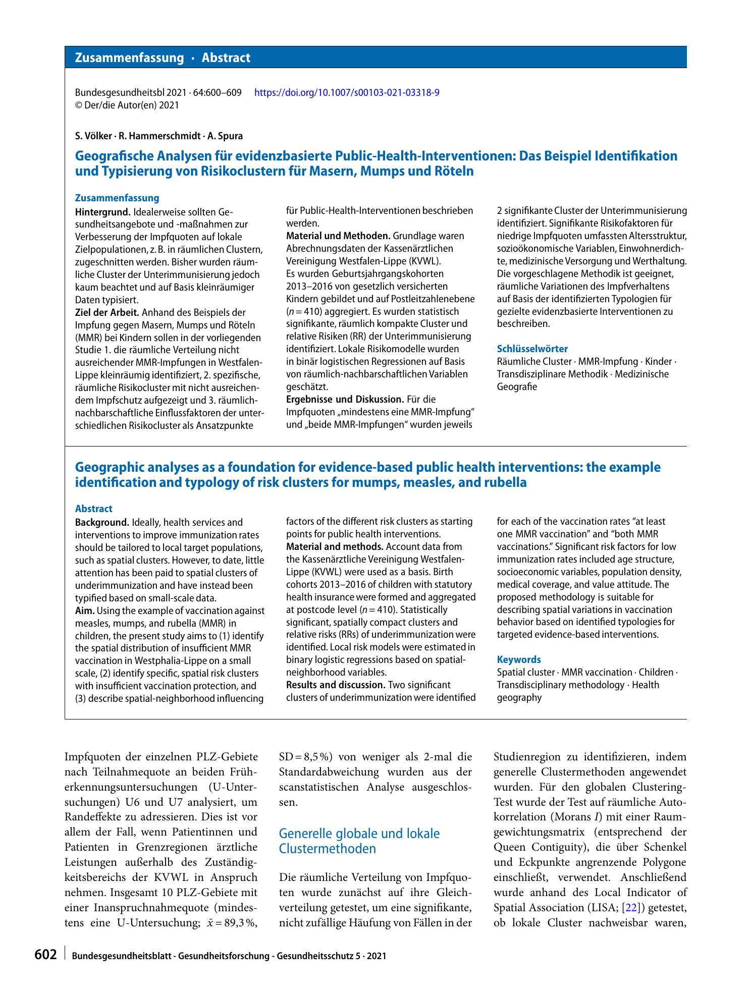 Vorschauseite 3: Geografische Analysen für evidenzbasierte Public-Health-Interventionen: Das Beispiel Identifikation und Typisierung von Risikoclustern für Masern, Mumps und Röteln