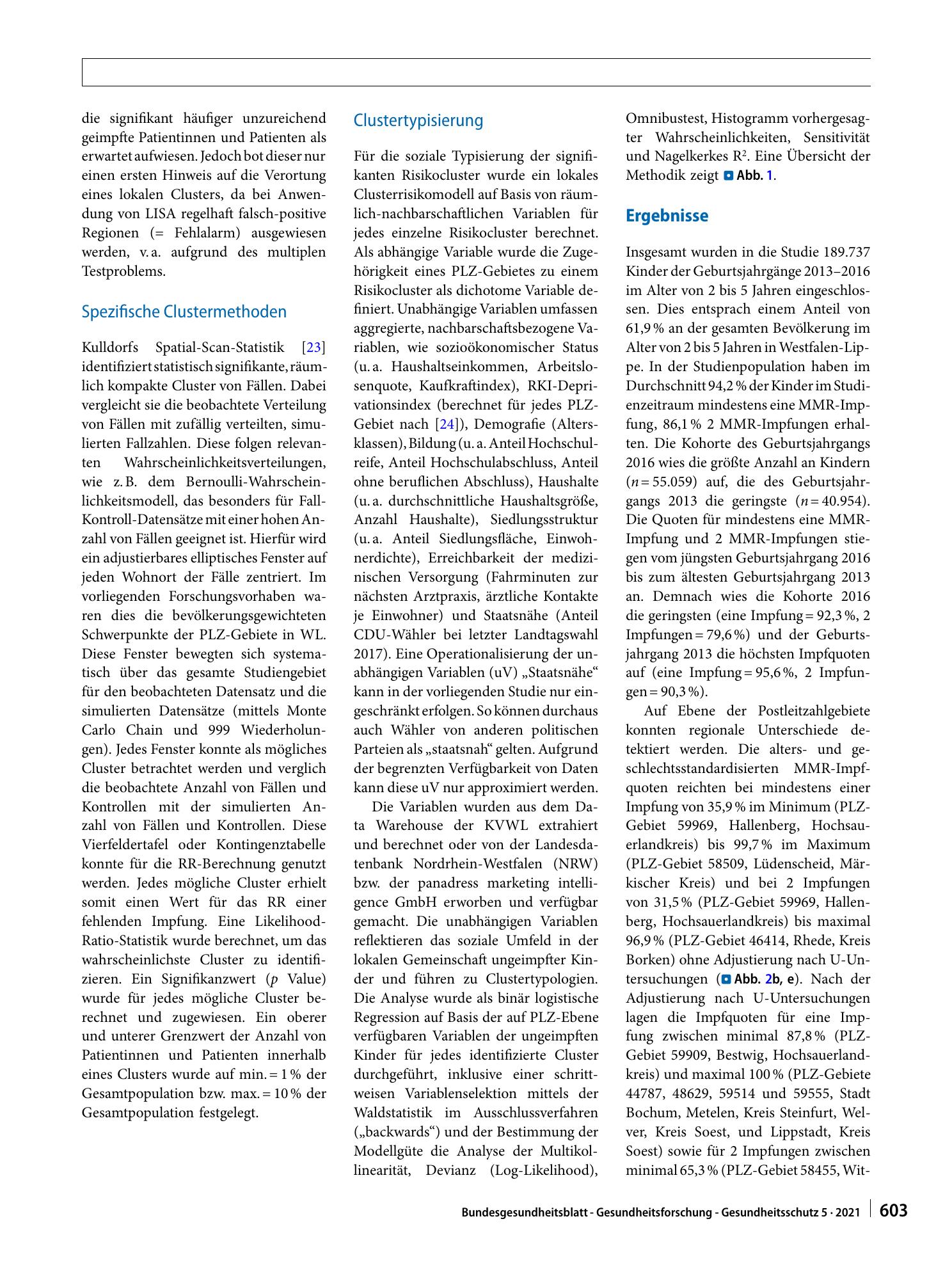 Vorschauseite 4: Geografische Analysen für evidenzbasierte Public-Health-Interventionen: Das Beispiel Identifikation und Typisierung von Risikoclustern für Masern, Mumps und Röteln