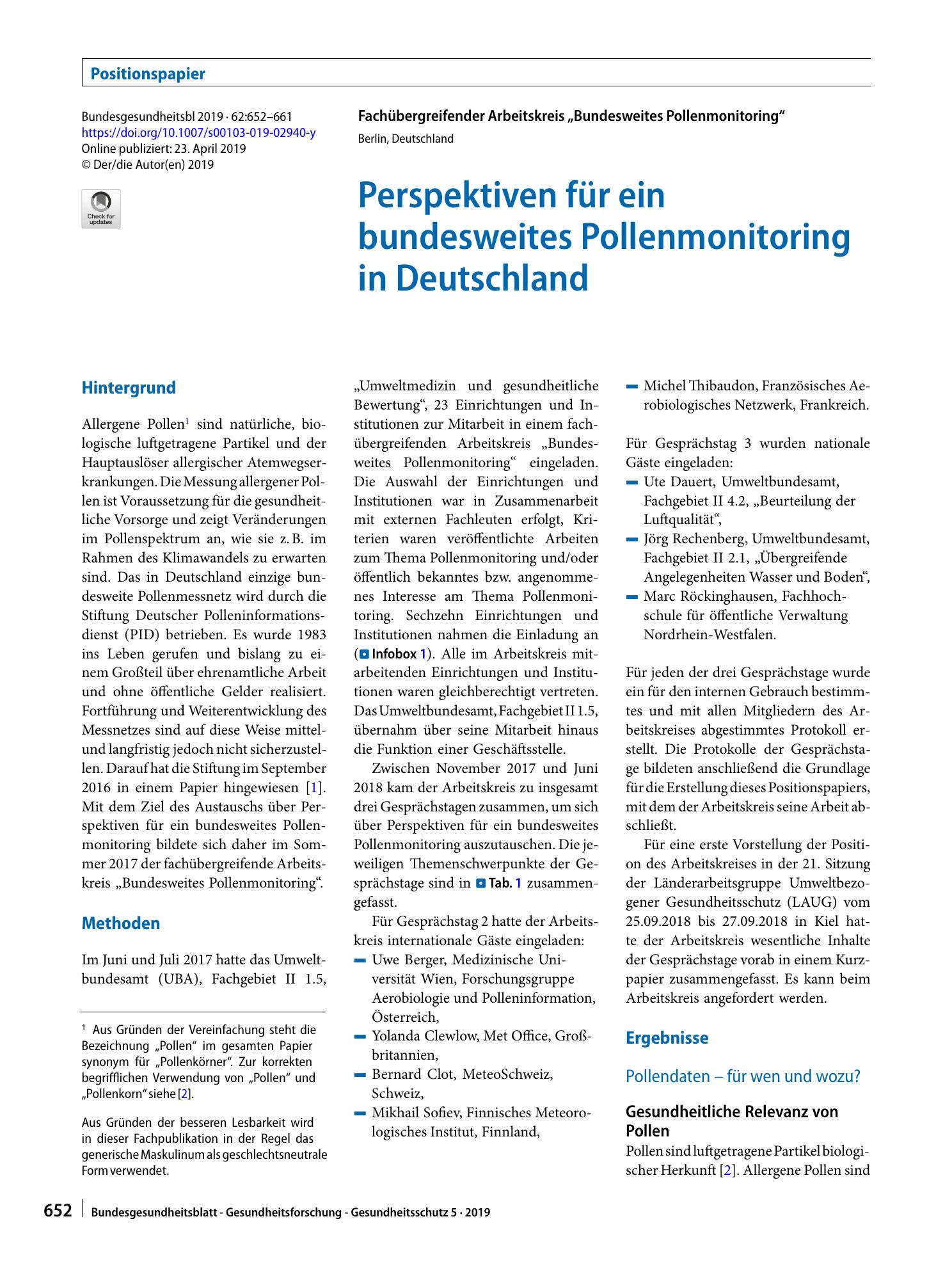 Vorschauseite 1: Perspektiven für ein bundesweites Pollenmonitoring in Deutschland