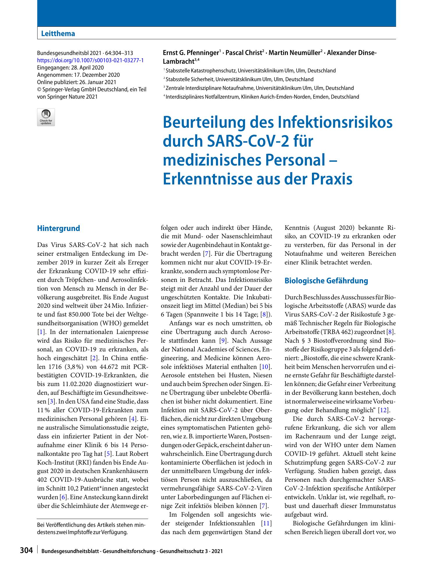 Vorschauseite 1: Beurteilung des Infektionsrisikos durch SARS-CoV-2 für medizinisches Personal – Erkenntnisse aus der Praxis