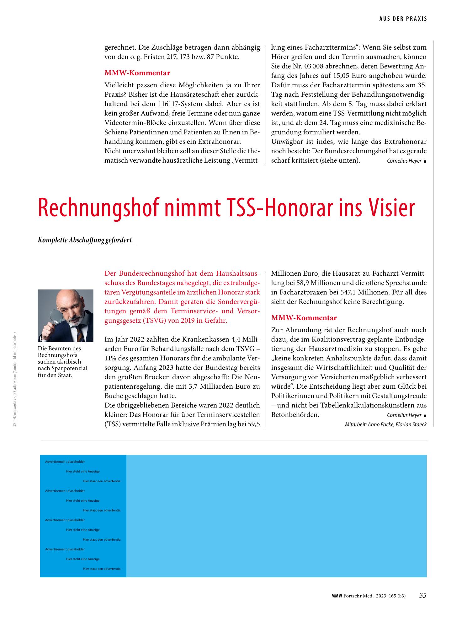Vorschauseite 1: Rechnungshof nimmt TSS-Honorar ins Visier