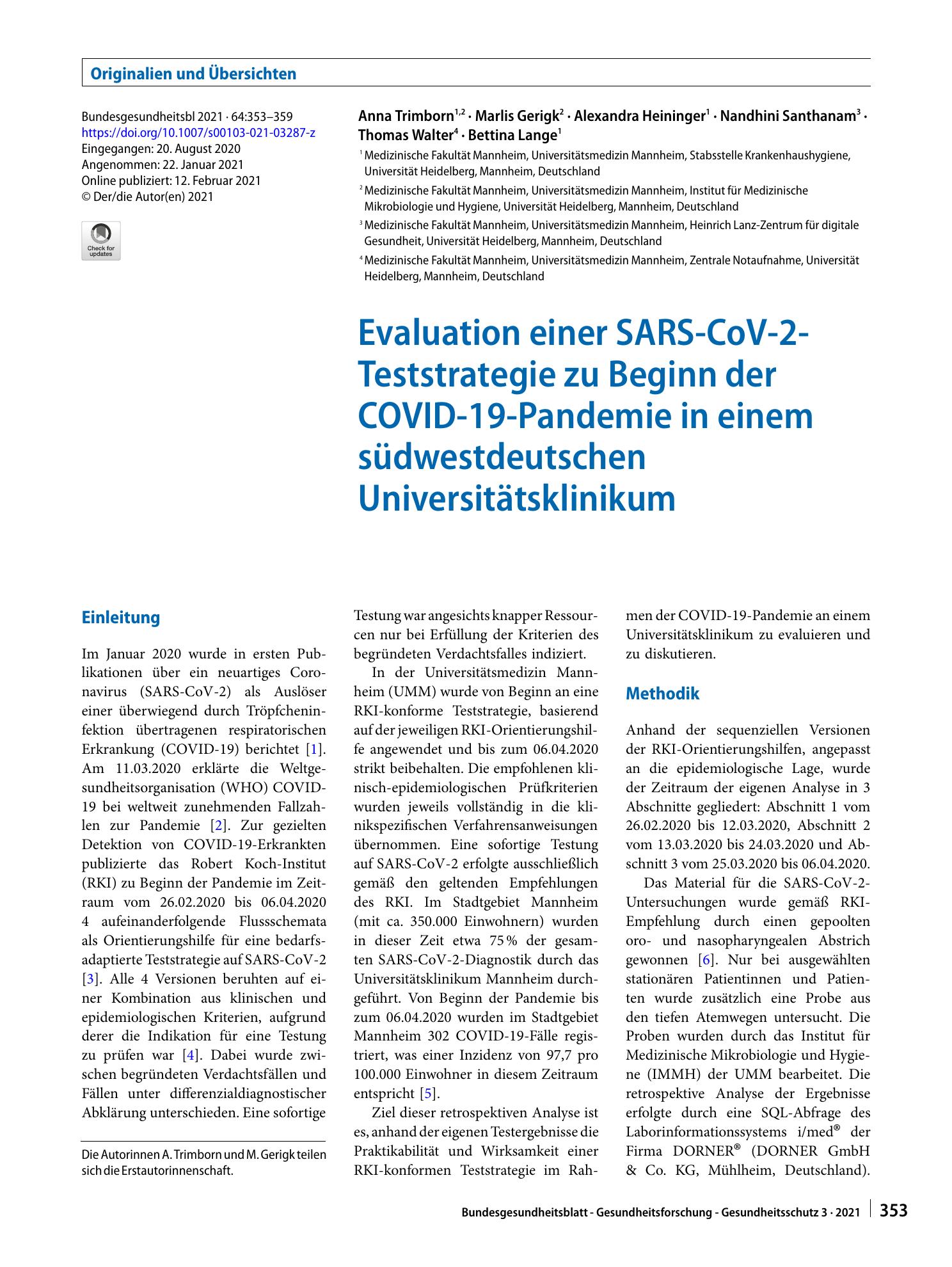 Vorschauseite 1: Evaluation einer SARS-CoV-2-Teststrategie zu Beginn der COVID-19-Pandemie in einem südwestdeutschen Universitätsklinikum