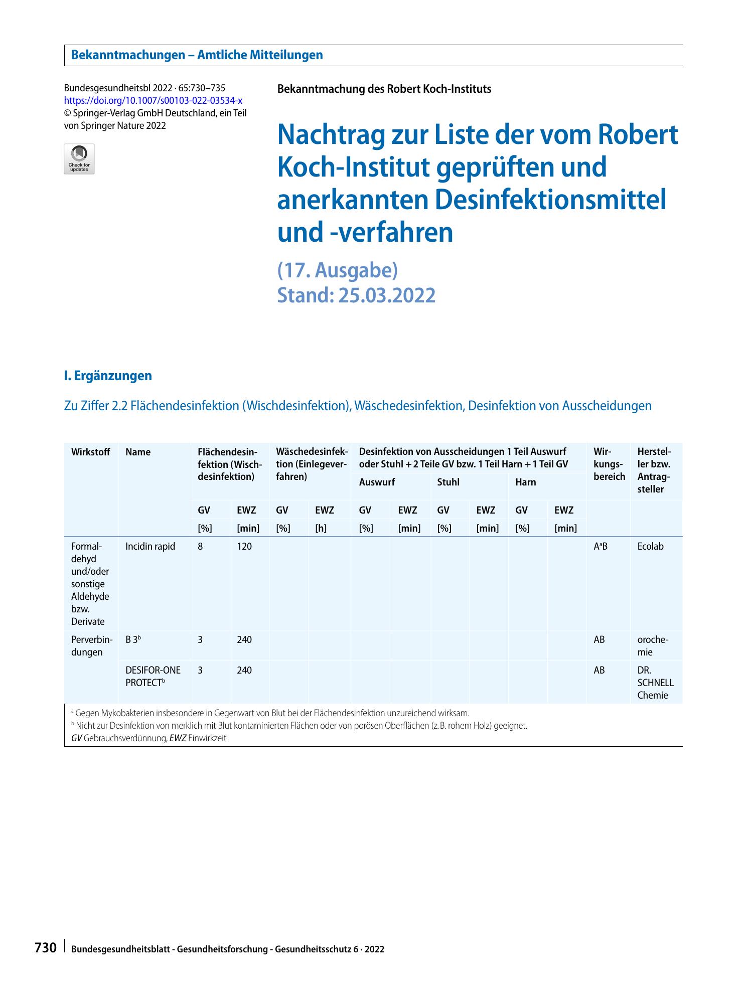 Vorschauseite 1: Nachtrag zur Liste der vom Robert Koch-Institut geprüften und anerkannten Desinfektionsmittel und -verfahren