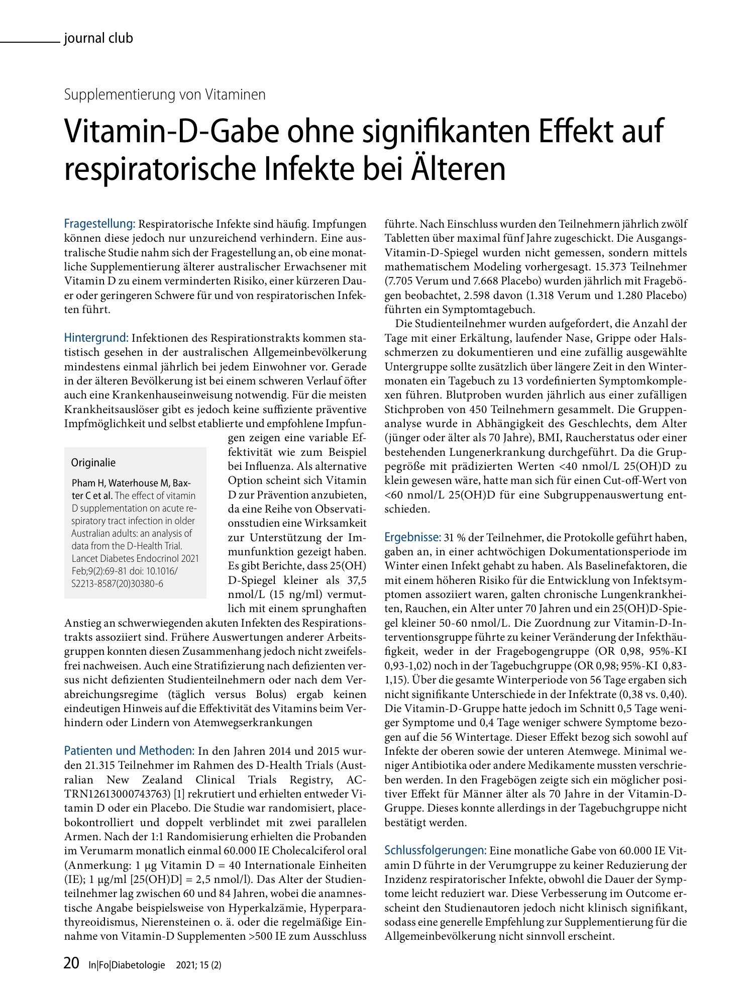 Vorschauseite 1: Vitamin-D-Gabe ohne signifikanten Effekt auf respiratorische Infekte bei Älteren