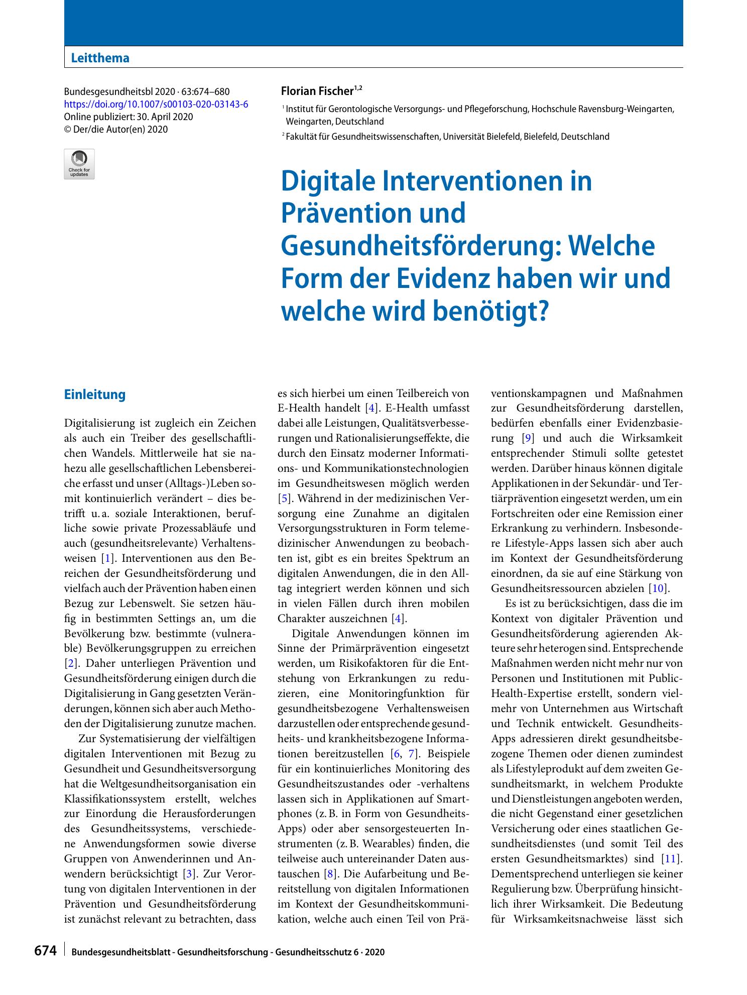 Vorschauseite 1: Digitale Interventionen in Prävention und Gesundheitsförderung: Welche Form der Evidenz haben wir und welche wird benötigt?