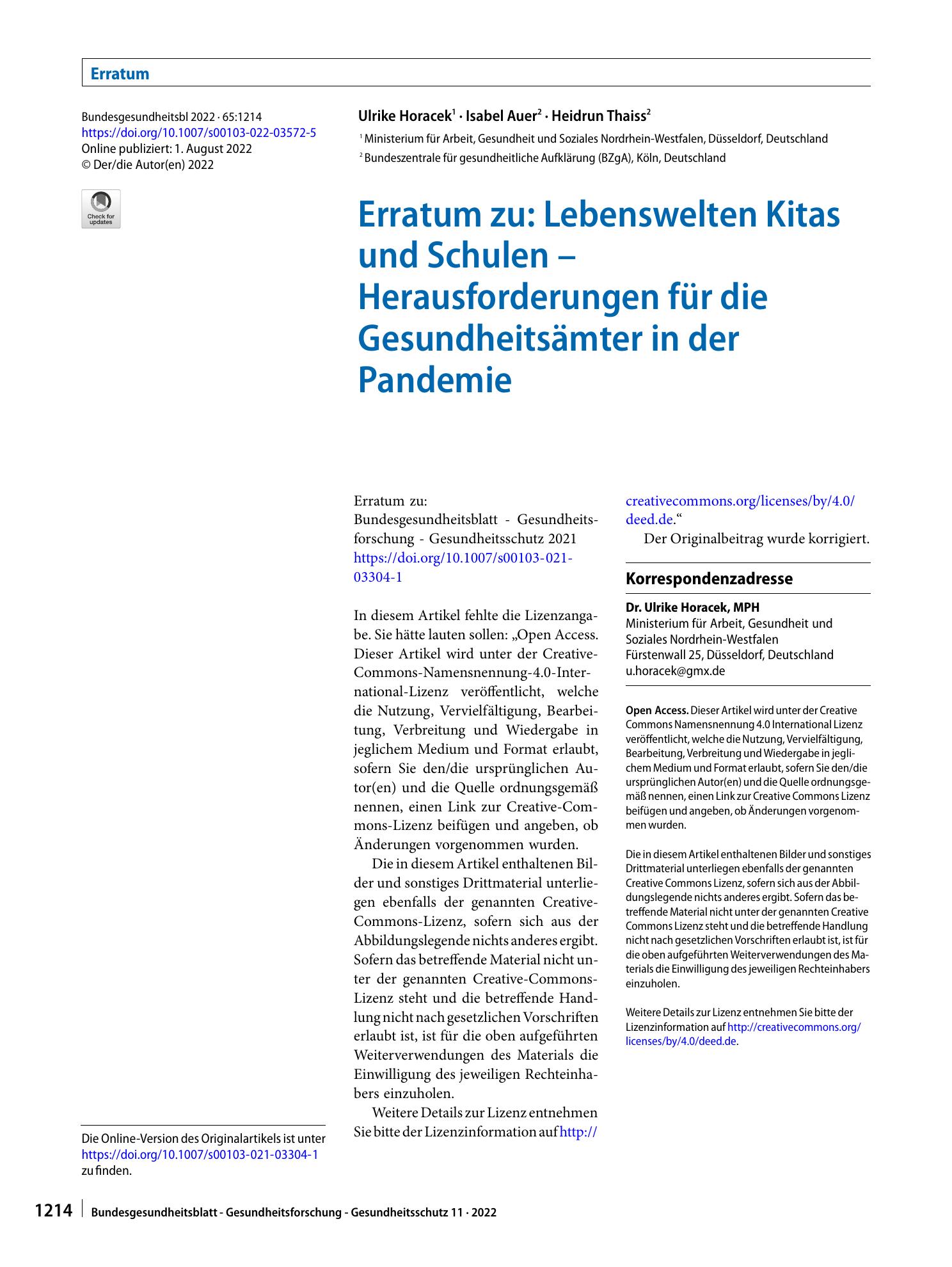 Vorschauseite 1: Erratum zu: Lebenswelten Kitas und Schulen – Herausforderungen für die Gesundheitsämter in der Pandemie