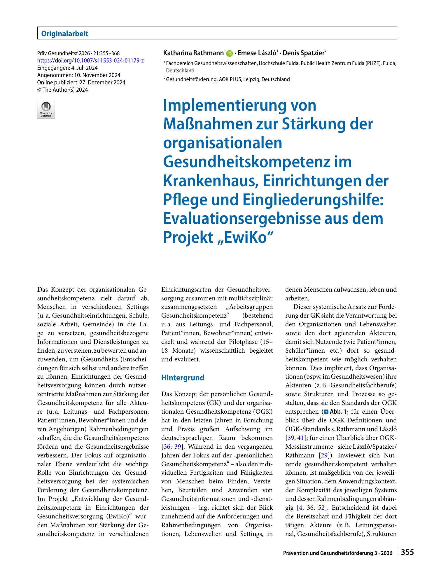 Vorschauseite 1: Implementierung von Maßnahmen zur Stärkung der organisationalen Gesundheitskompetenz im Krankenhaus, Einrichtungen der Pflege und Eingliederungshilfe: Evaluationsergebnisse aus de…