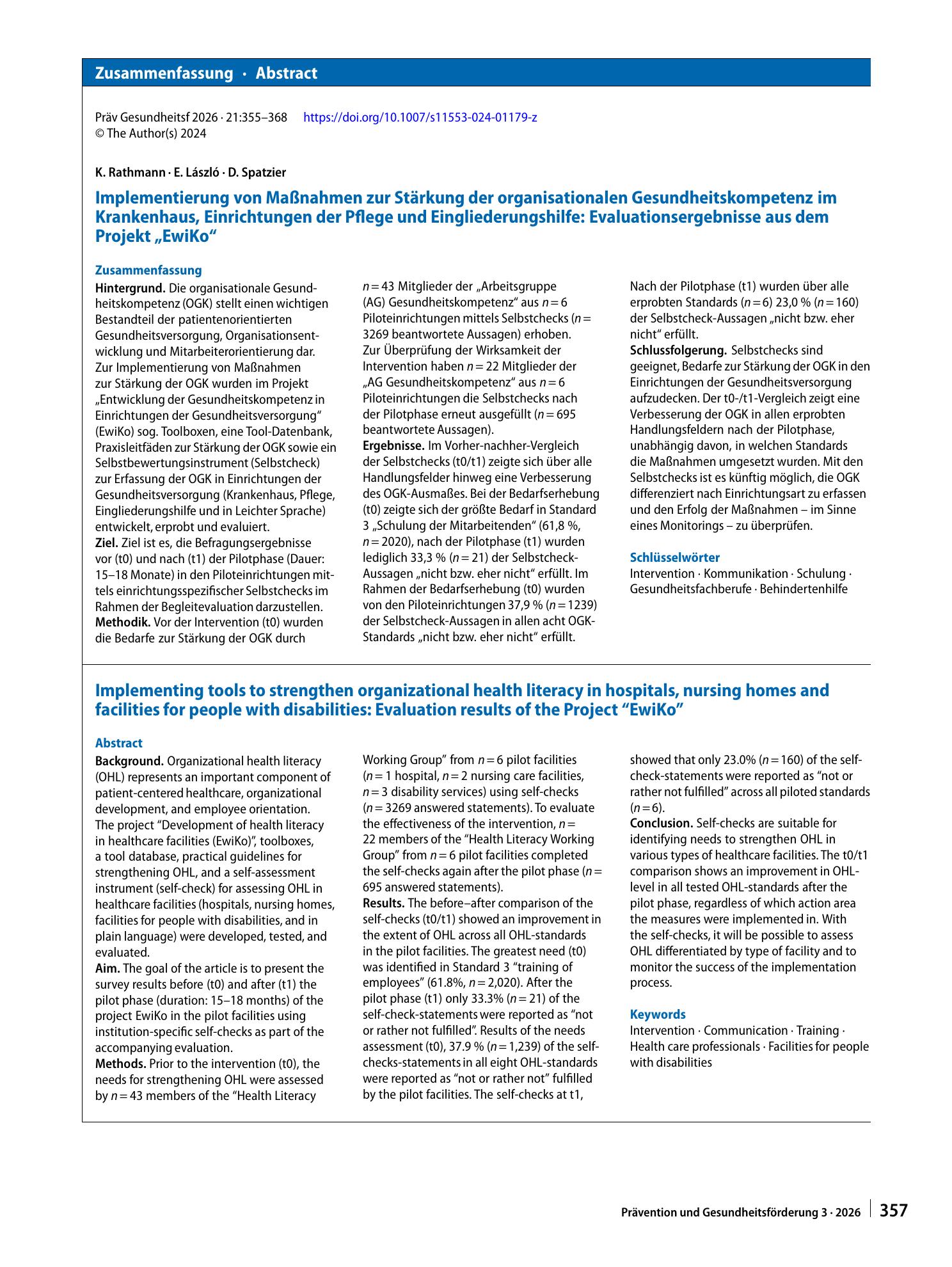 Vorschauseite 3: Implementierung von Maßnahmen zur Stärkung der organisationalen Gesundheitskompetenz im Krankenhaus, Einrichtungen der Pflege und Eingliederungshilfe: Evaluationsergebnisse aus de…