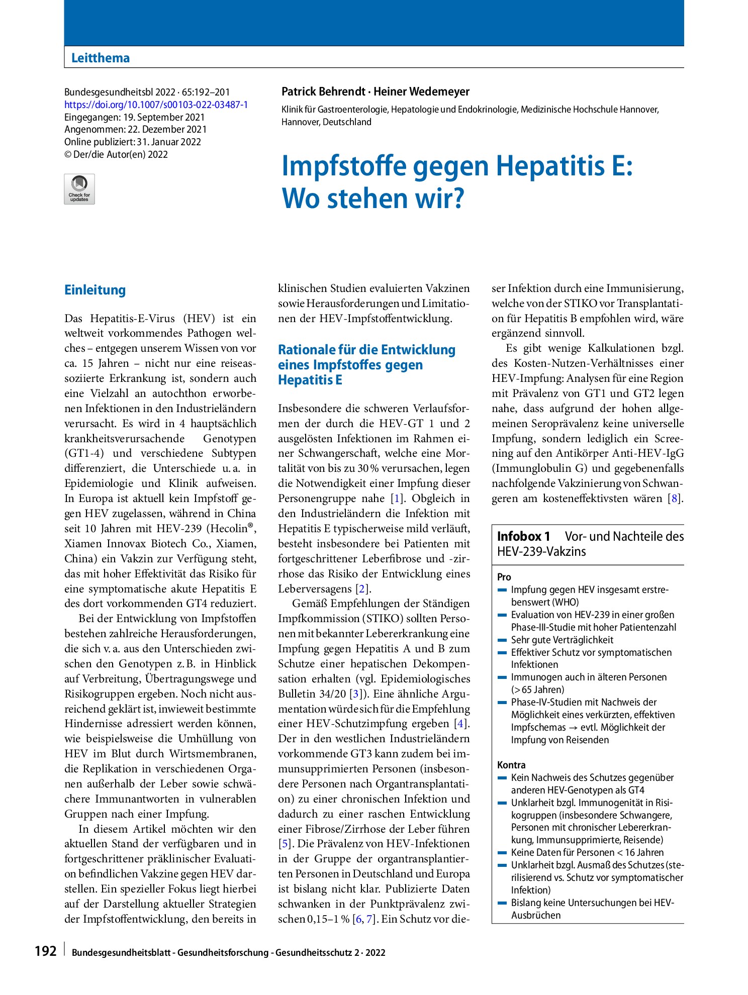 Vorschauseite 1: Impfstoffe gegen Hepatitis E: Wo stehen wir?