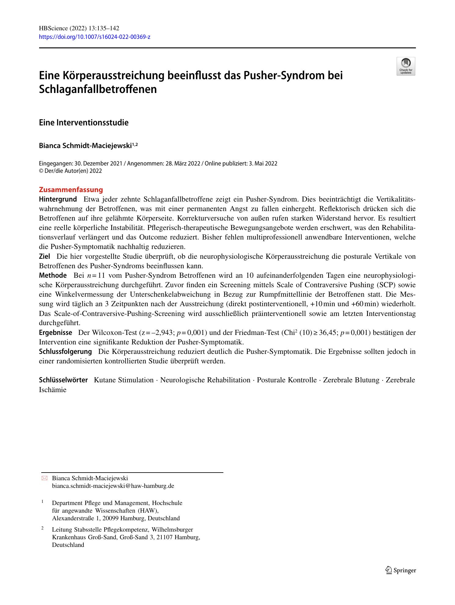 Vorschauseite 1: Eine Körperausstreichung beeinflusst das Pusher-Syndrom bei Schlaganfallbetroffenen