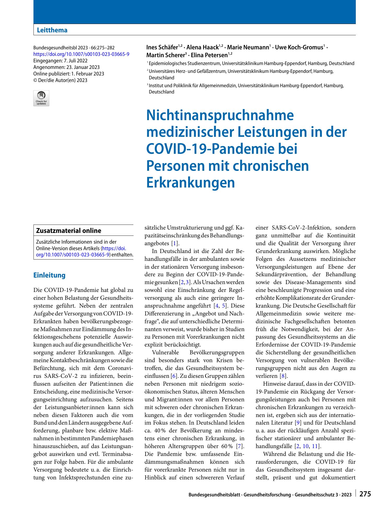 Vorschauseite 1: Nichtinanspruchnahme medizinischer Leistungen in der COVID-19-Pandemie bei Personen mit chronischen Erkrankungen