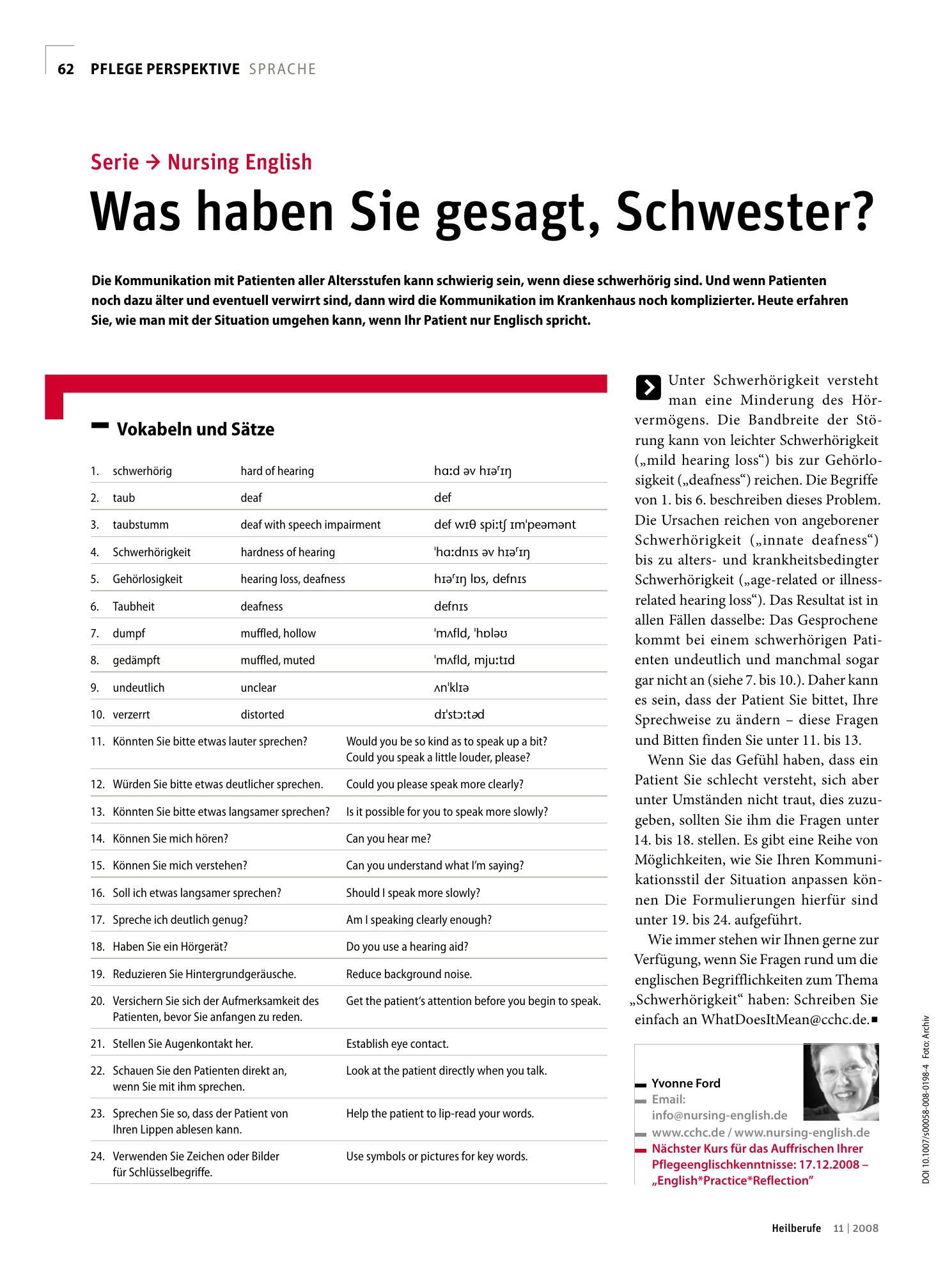 Vorschauseite 1: Serie → Nursing English Was haben Sie gesagt, Schwester?