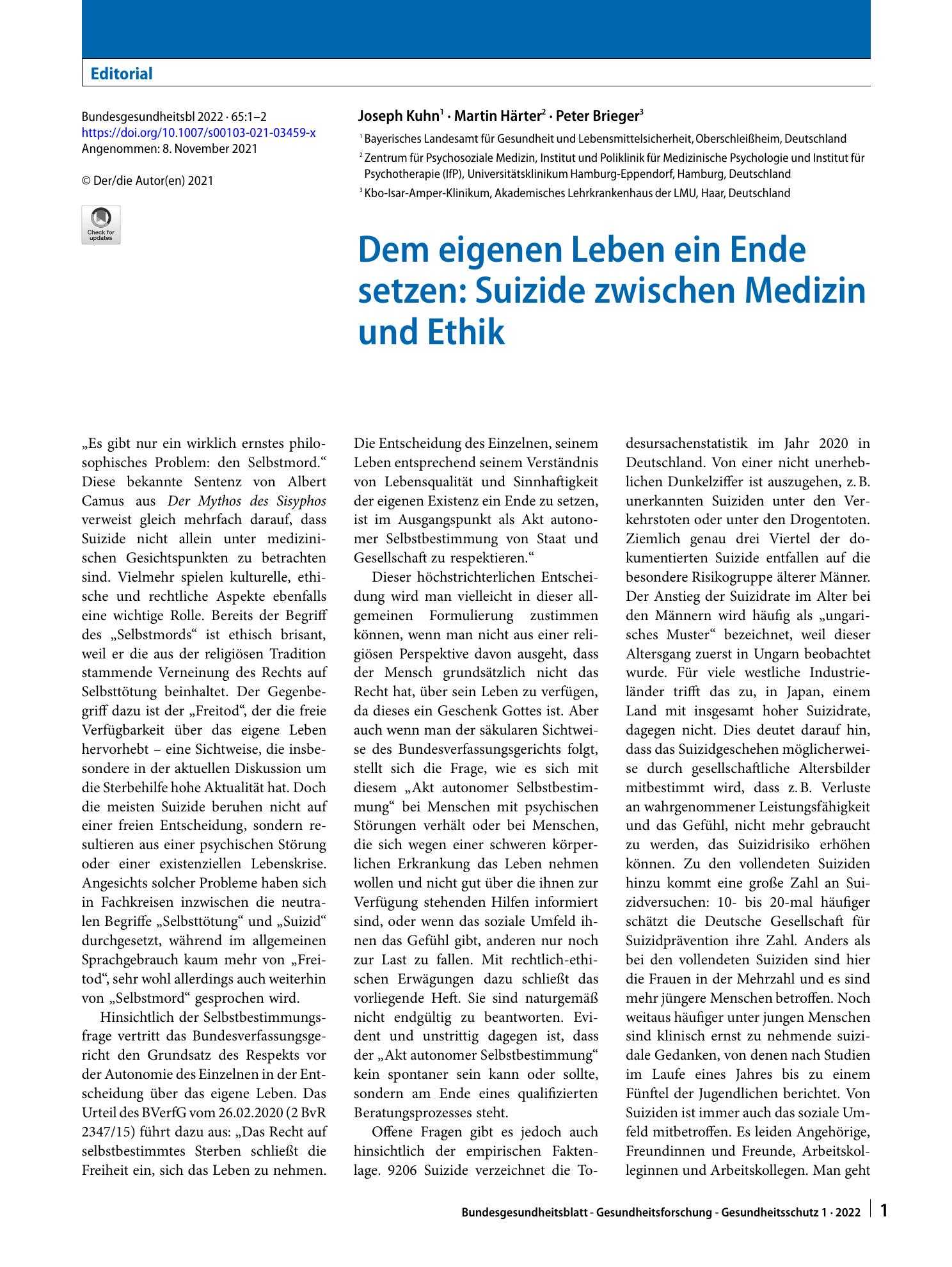 Vorschauseite 1: Dem eigenen Leben ein Ende setzen: Suizide zwischen Medizin und Ethik