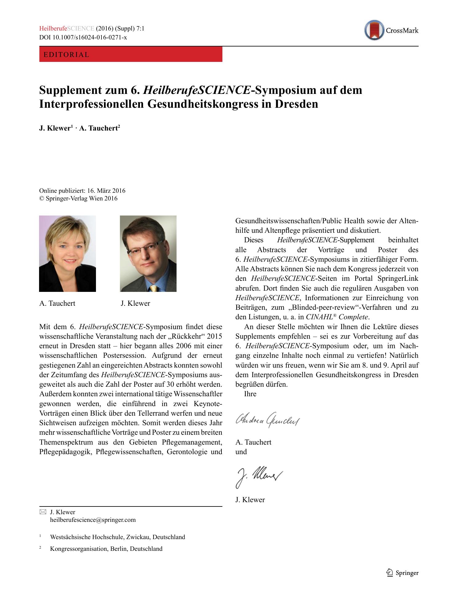 Vorschauseite 1: Supplement zum 6. HeilberufeSCIENCE-Symposium auf dem Interprofessionellen Gesundheitskongress in Dresden