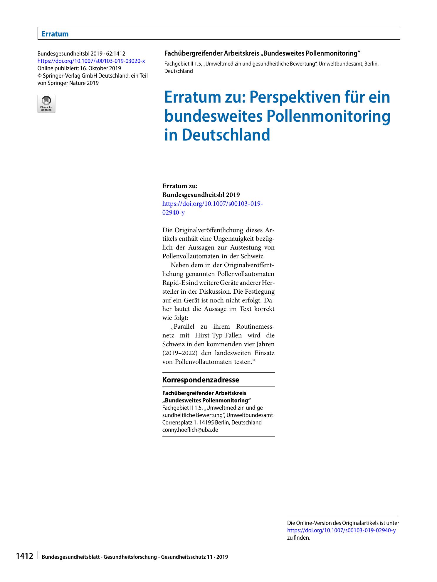 Vorschauseite 1: Erratum zu: Perspektiven für ein bundesweites Pollenmonitoring in Deutschland