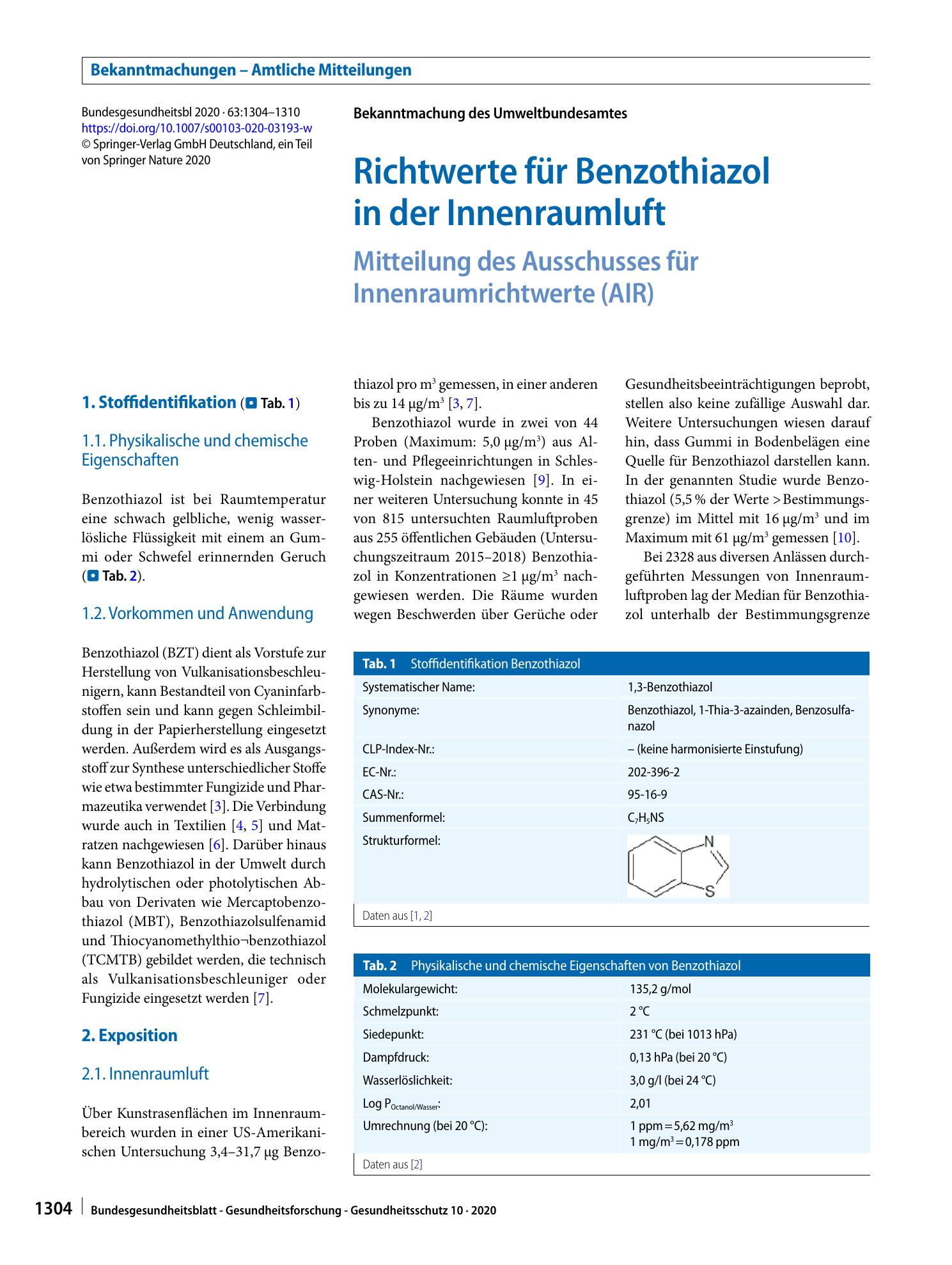 Vorschauseite 1: Richtwerte für Benzothiazol in der Innenraumluft