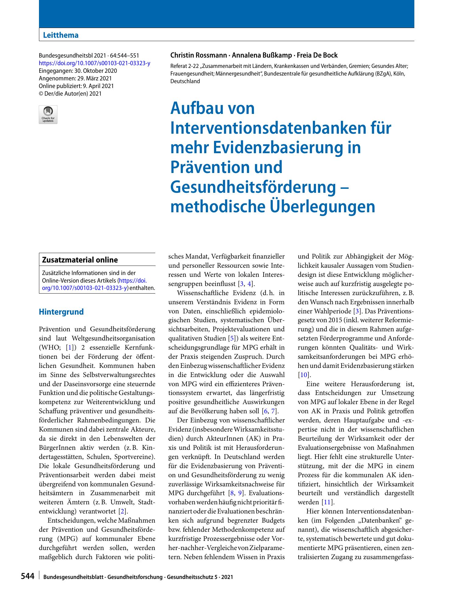 Vorschauseite 1: Aufbau von Interventionsdatenbanken für mehr Evidenzbasierung in Prävention und Gesundheitsförderung – methodische Überlegungen