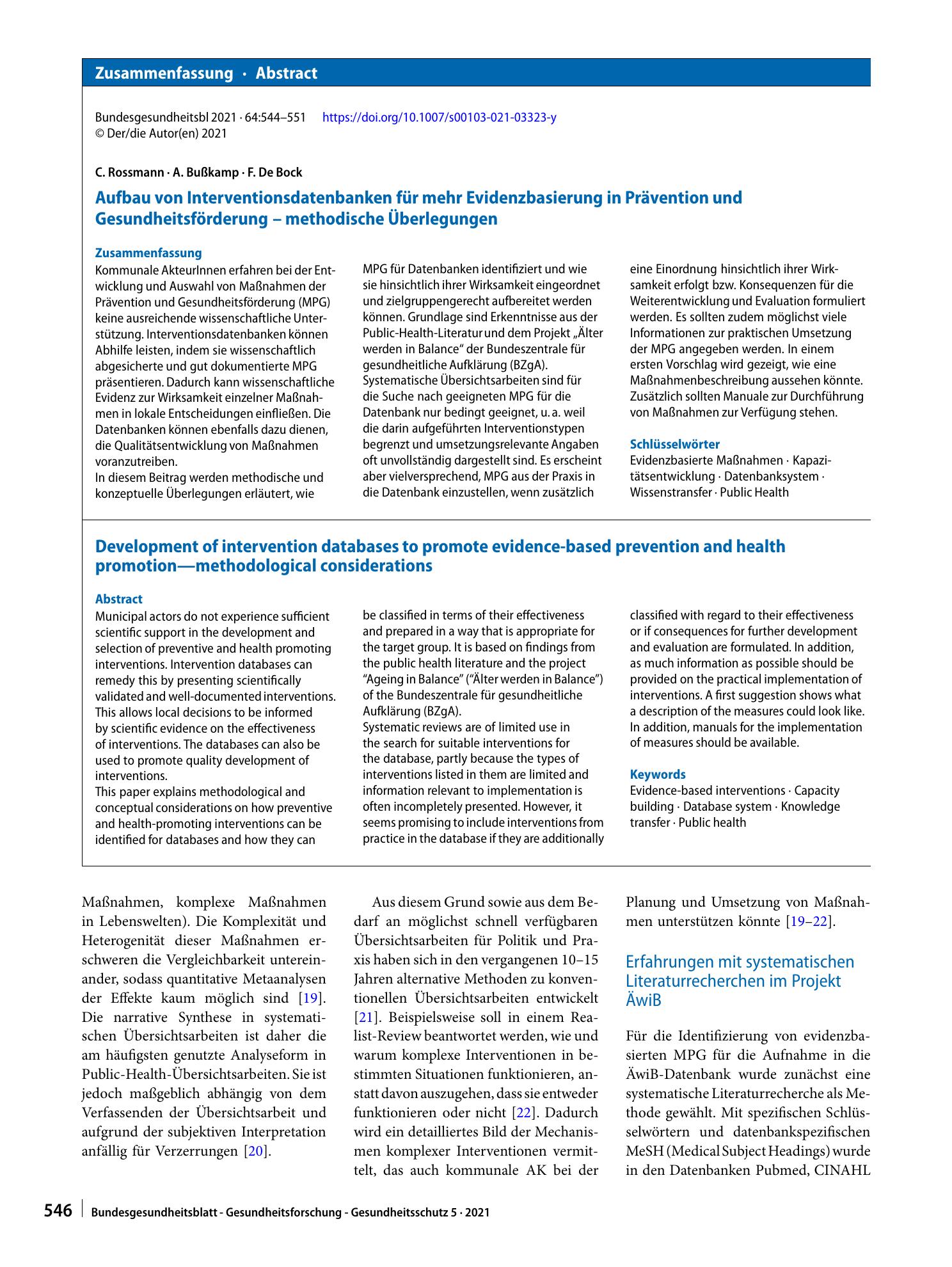 Vorschauseite 3: Aufbau von Interventionsdatenbanken für mehr Evidenzbasierung in Prävention und Gesundheitsförderung – methodische Überlegungen