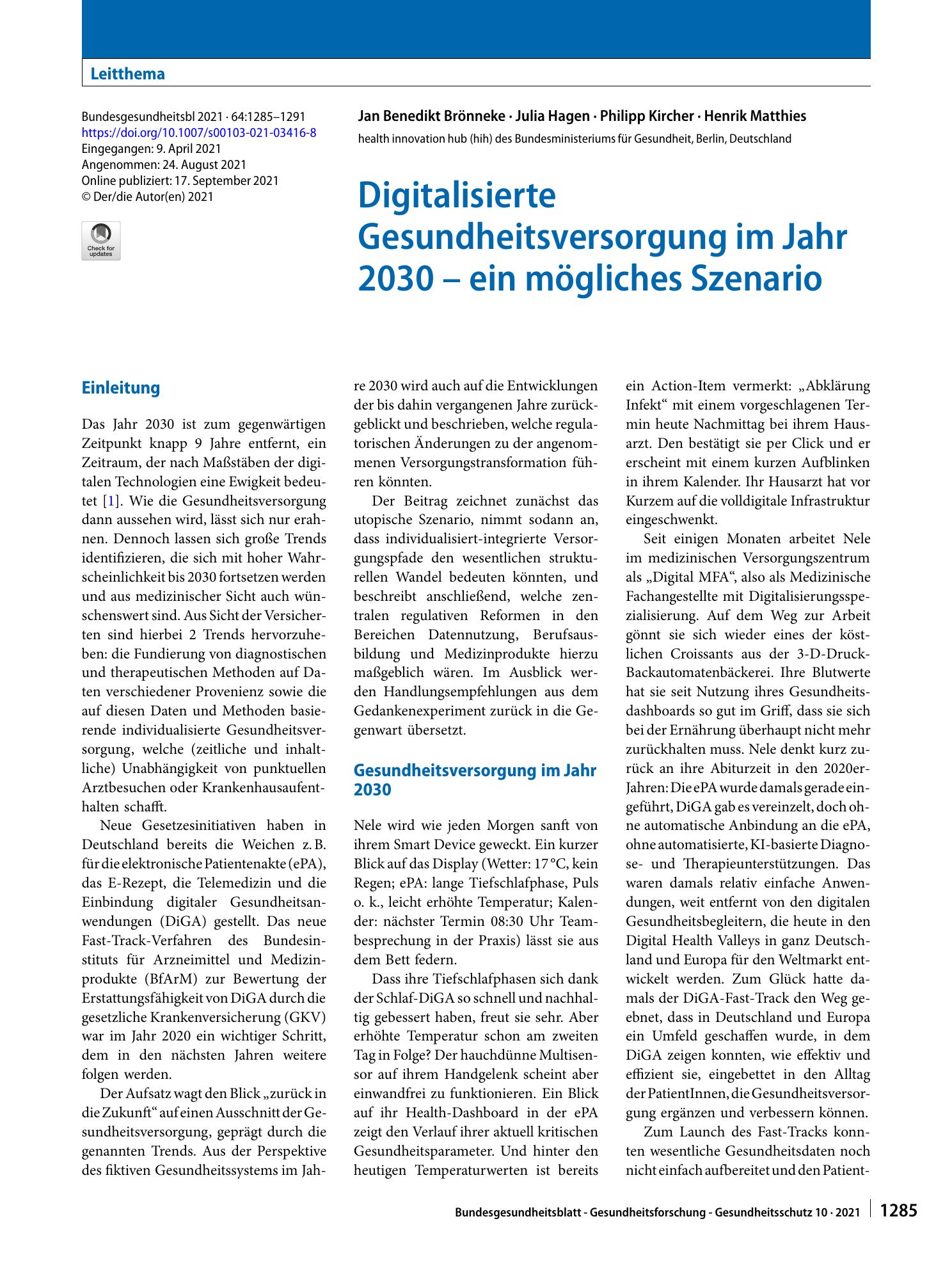Vorschauseite 1: Digitalisierte Gesundheitsversorgung im Jahr 2030 – ein mögliches Szenario
