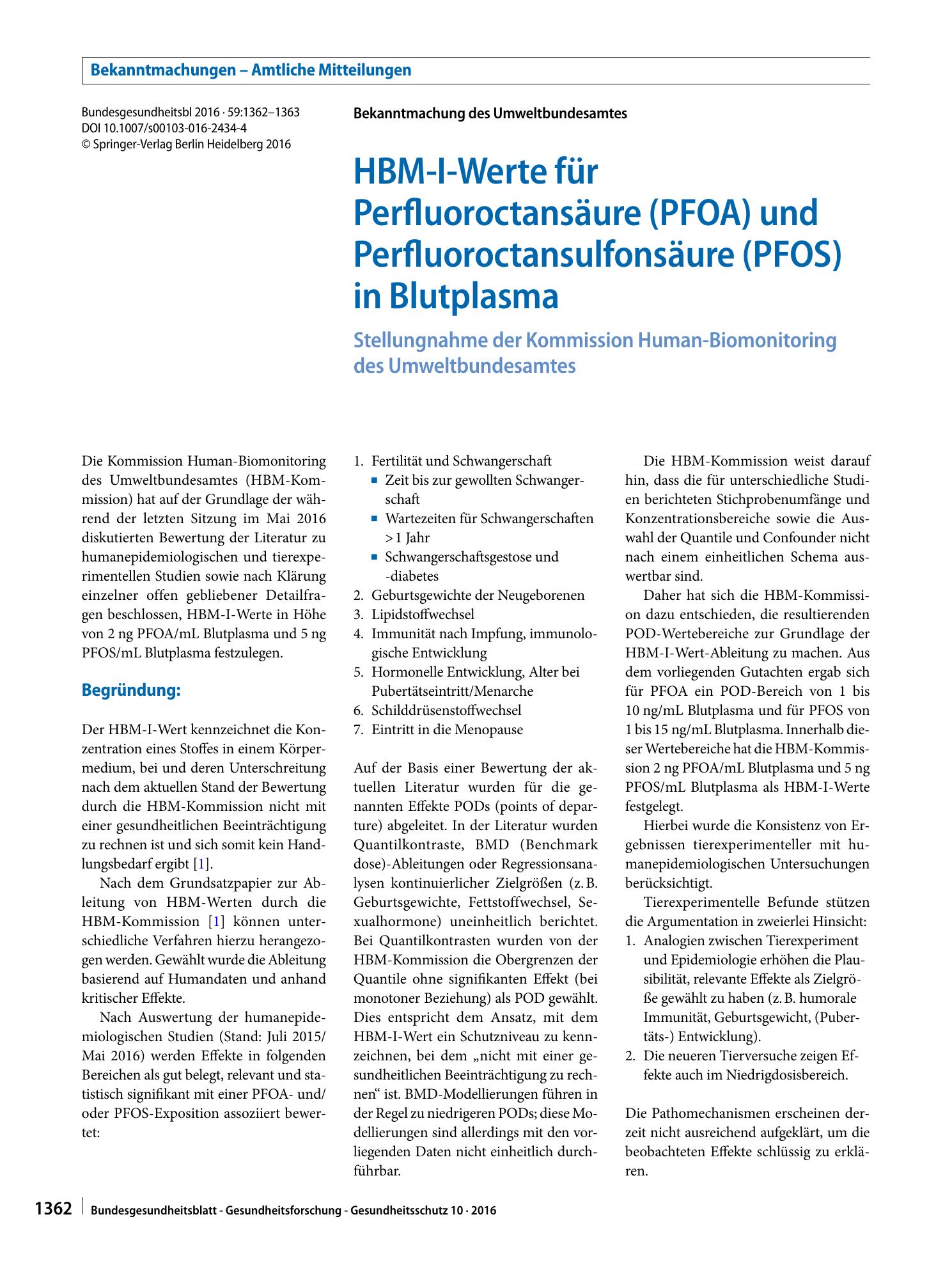 Vorschauseite 1: HBM-I-Werte für Perfluoroctansäure (PFOA) und Perfluoroctansulfonsäure (PFOS) in Blutplasma