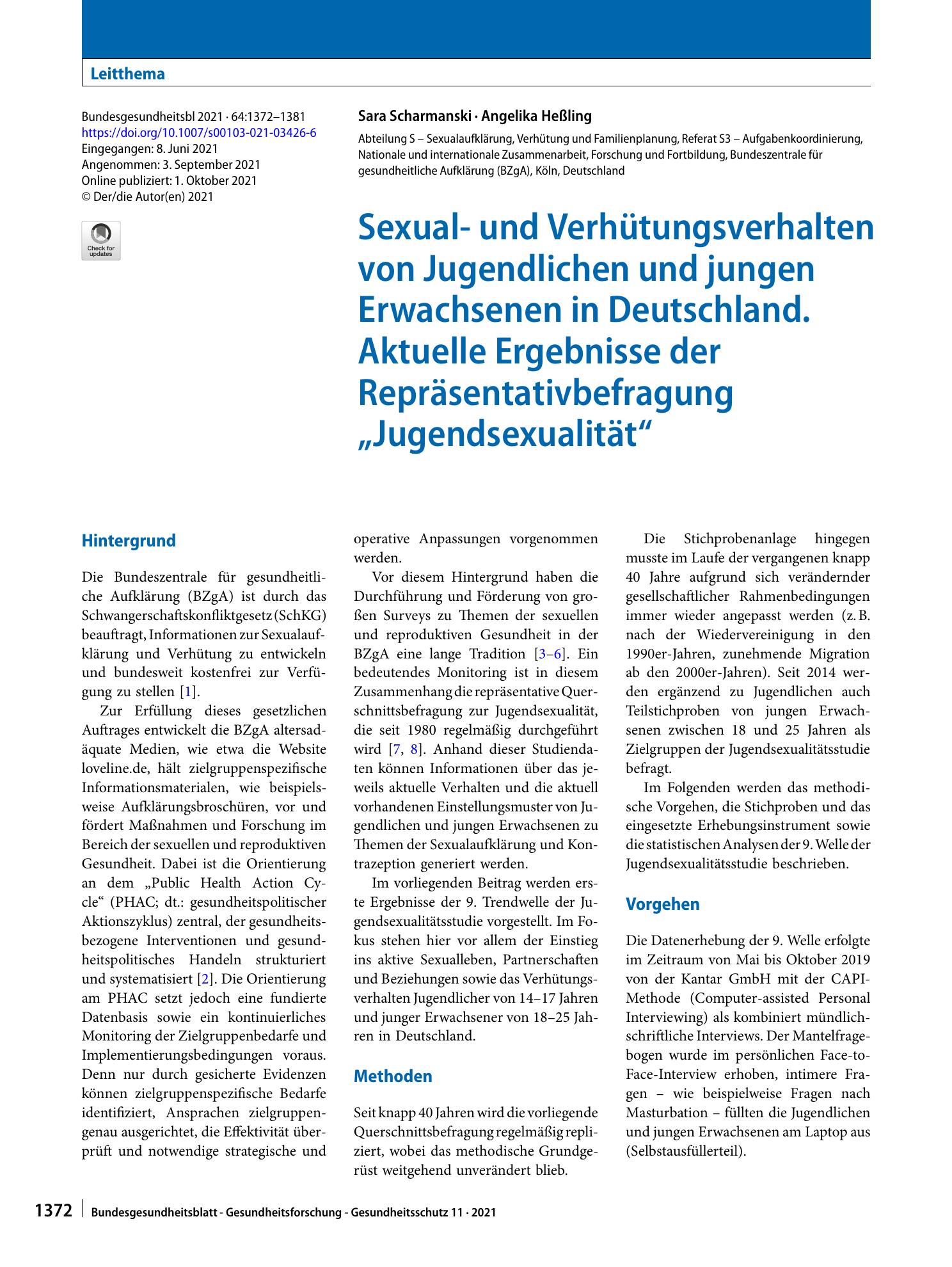 Vorschauseite 1: Sexual- und Verhütungsverhalten von Jugendlichen und jungen Erwachsenen in Deutschland. Aktuelle Ergebnisse der Repräsentativbefragung „Jugendsexualität“
