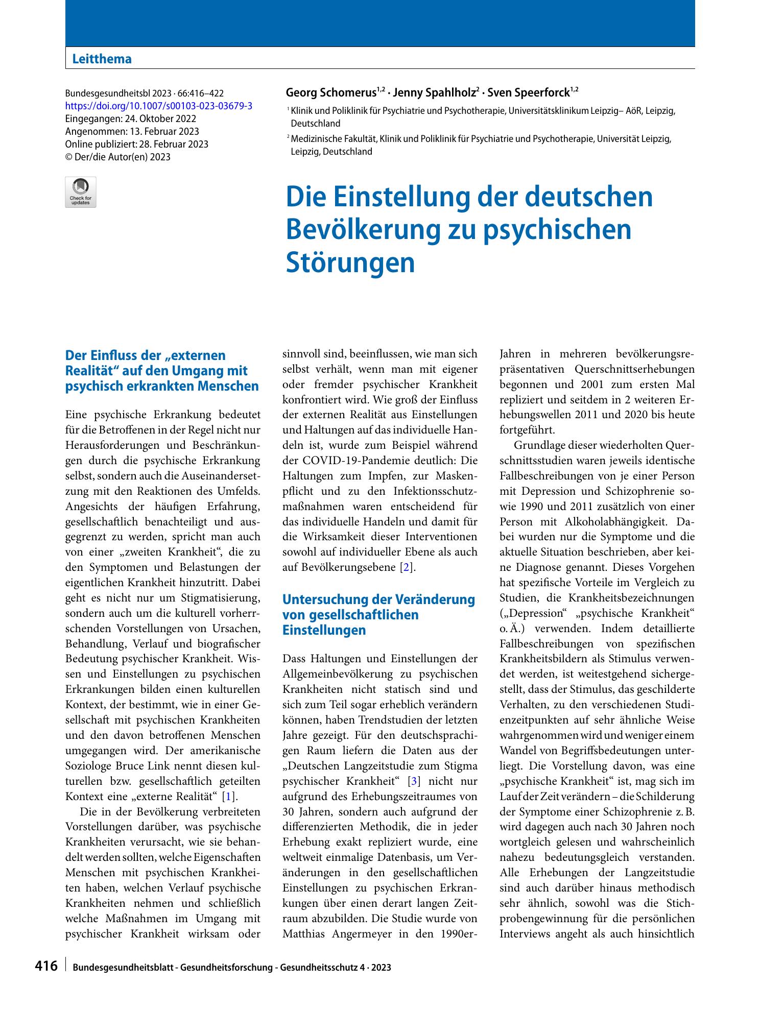 Vorschauseite 1: Die Einstellung der deutschen Bevölkerung zu psychischen Störungen