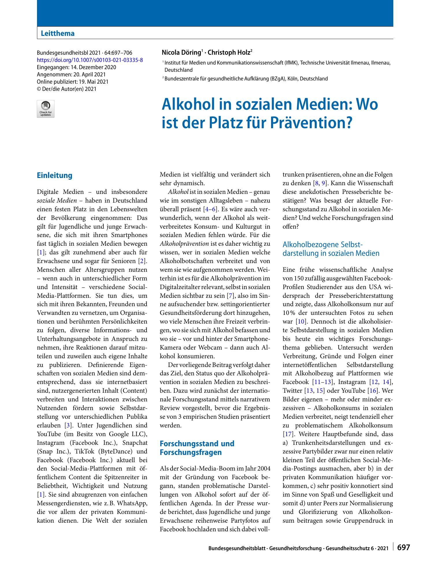 Vorschauseite 1: Alkohol in sozialen Medien: Wo ist der Platz für Prävention?