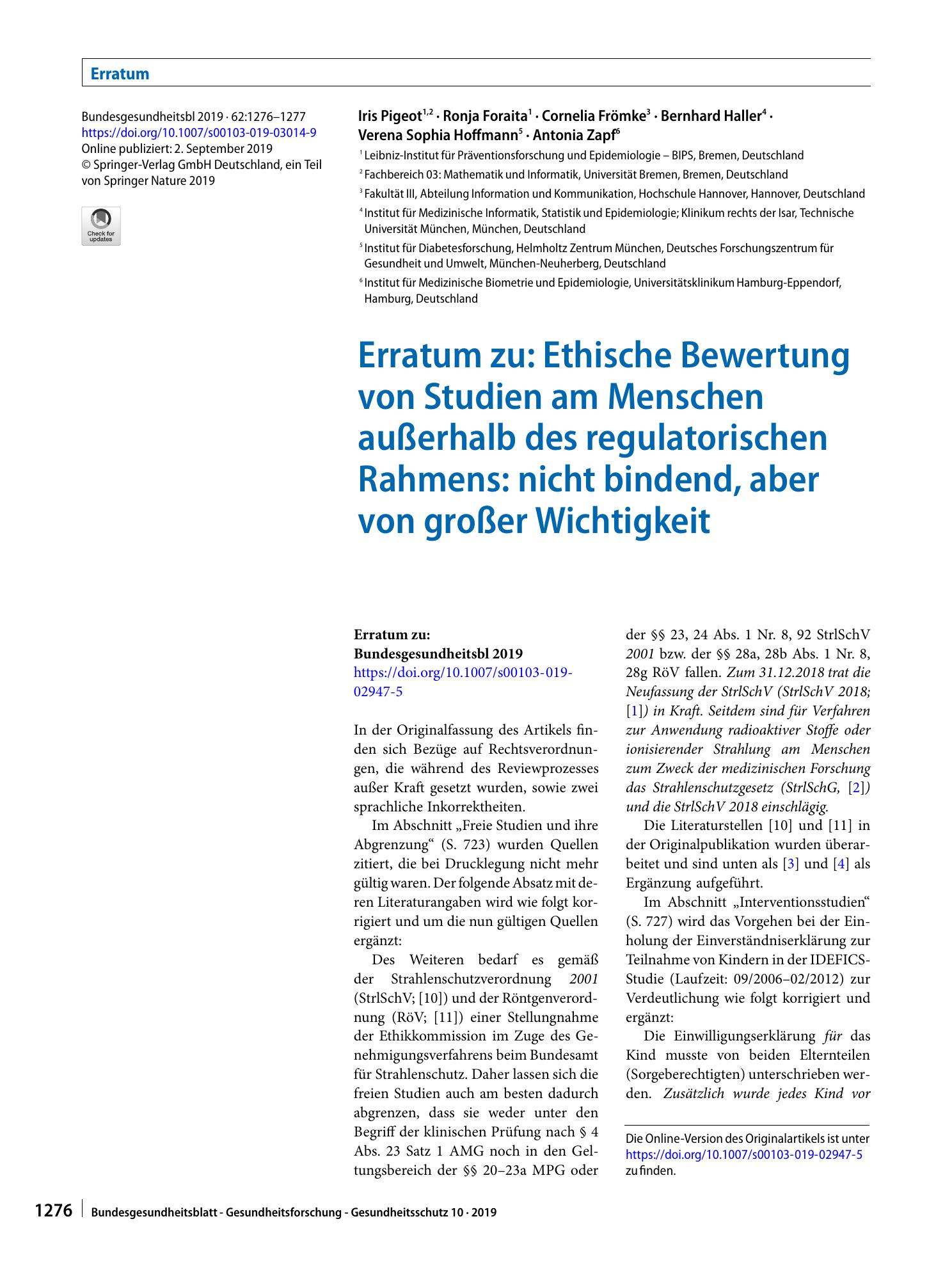Vorschauseite 1: Erratum zu: Ethische Bewertung von Studien am Menschen außerhalb des regulatorischen Rahmens: nicht bindend, aber von großer Wichtigkeit