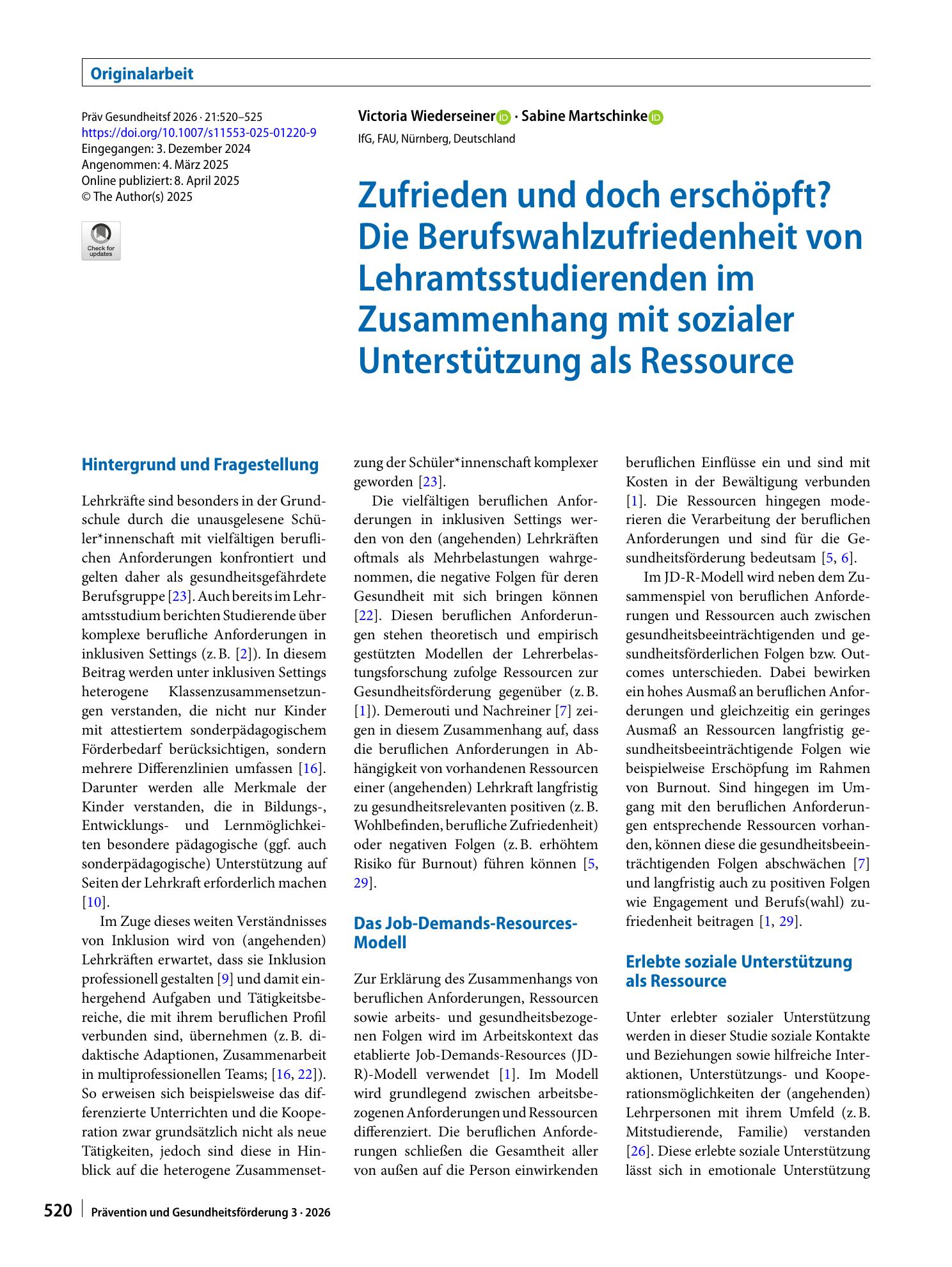 Vorschauseite 1: Zufrieden und doch erschöpft? Die Berufswahlzufriedenheit von Lehramtsstudierenden im Zusammenhang mit sozialer Unterstützung als Ressource