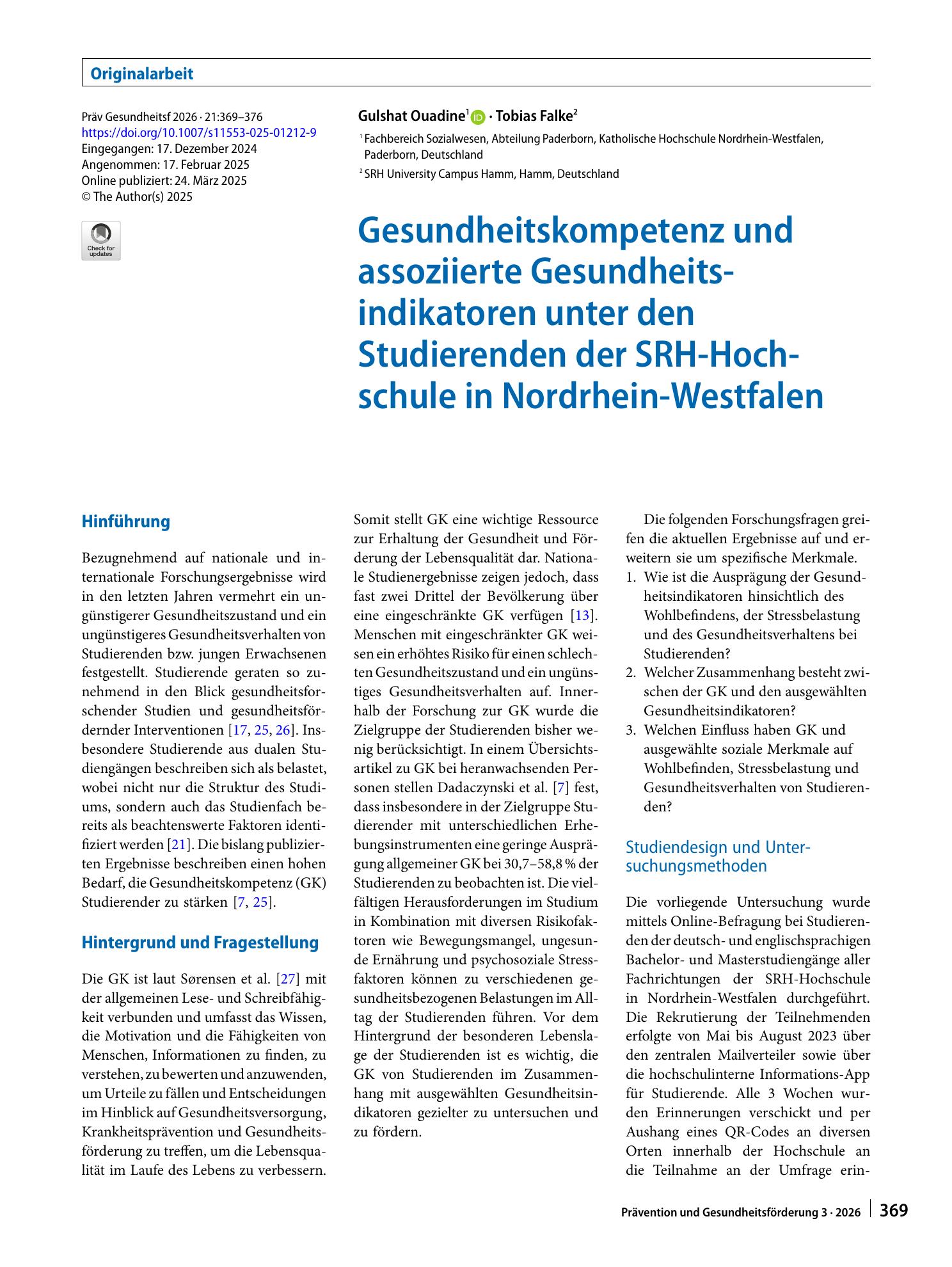 Vorschauseite 1: Gesundheitskompetenz und assoziierte Gesundheitsindikatoren unter den Studierenden der SRH-Hochschule in Nordrhein-Westfalen