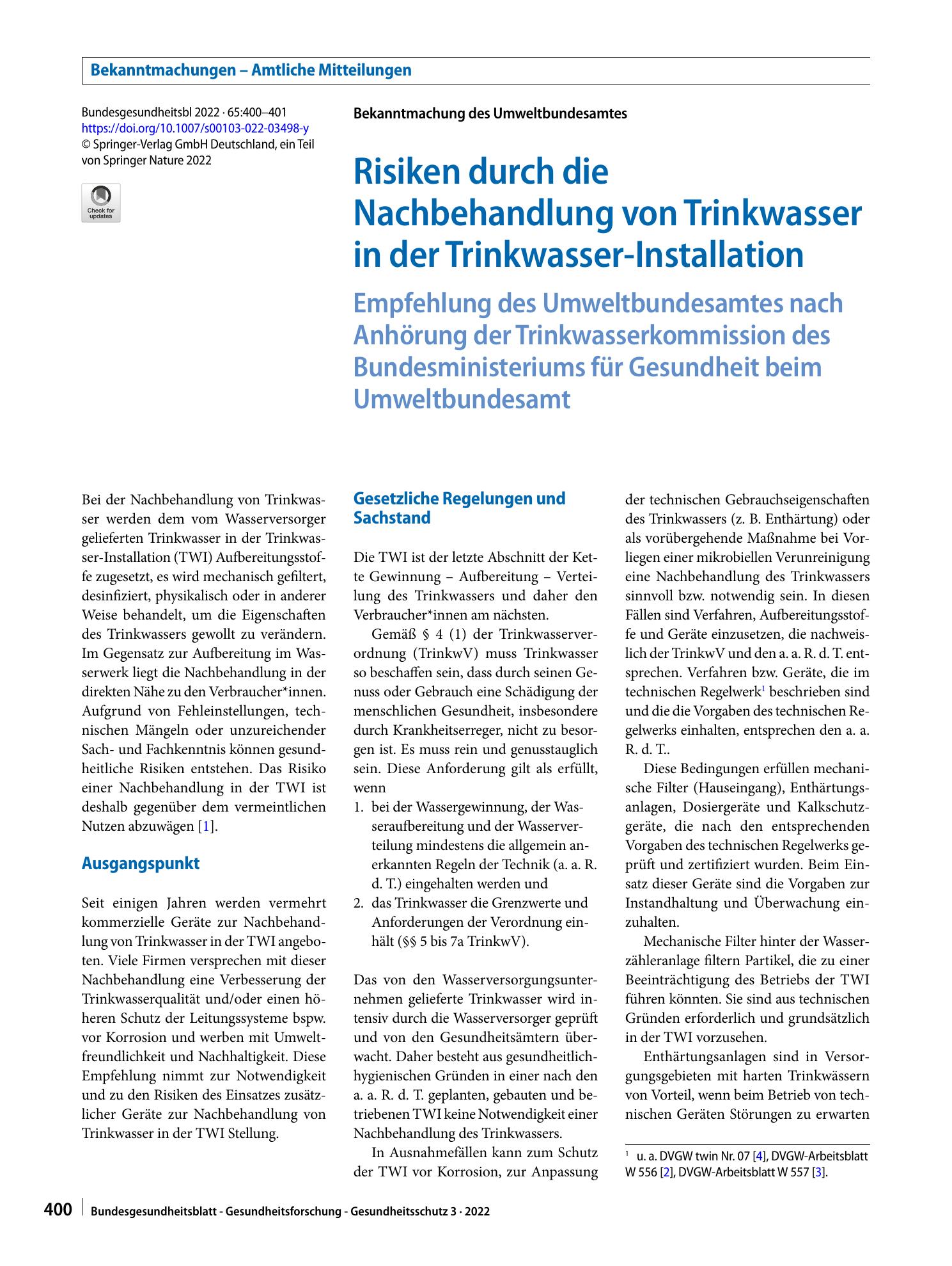 Vorschauseite 1: Risiken durch die Nachbehandlung von Trinkwasser in der Trinkwasser-Installation