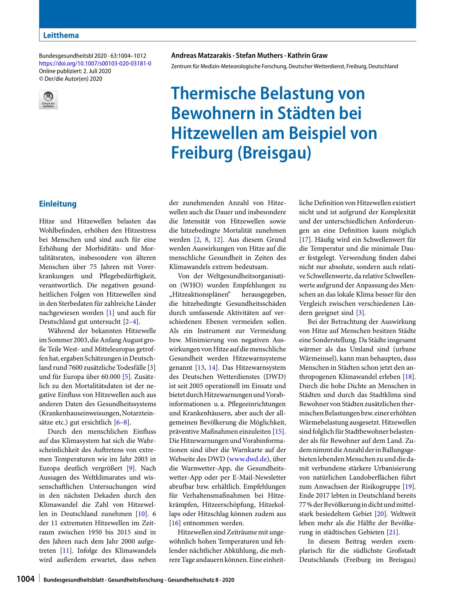 Vorschauseite 1: Thermische Belastung von Bewohnern in Städten bei Hitzewellen am Beispiel von Freiburg (Breisgau)