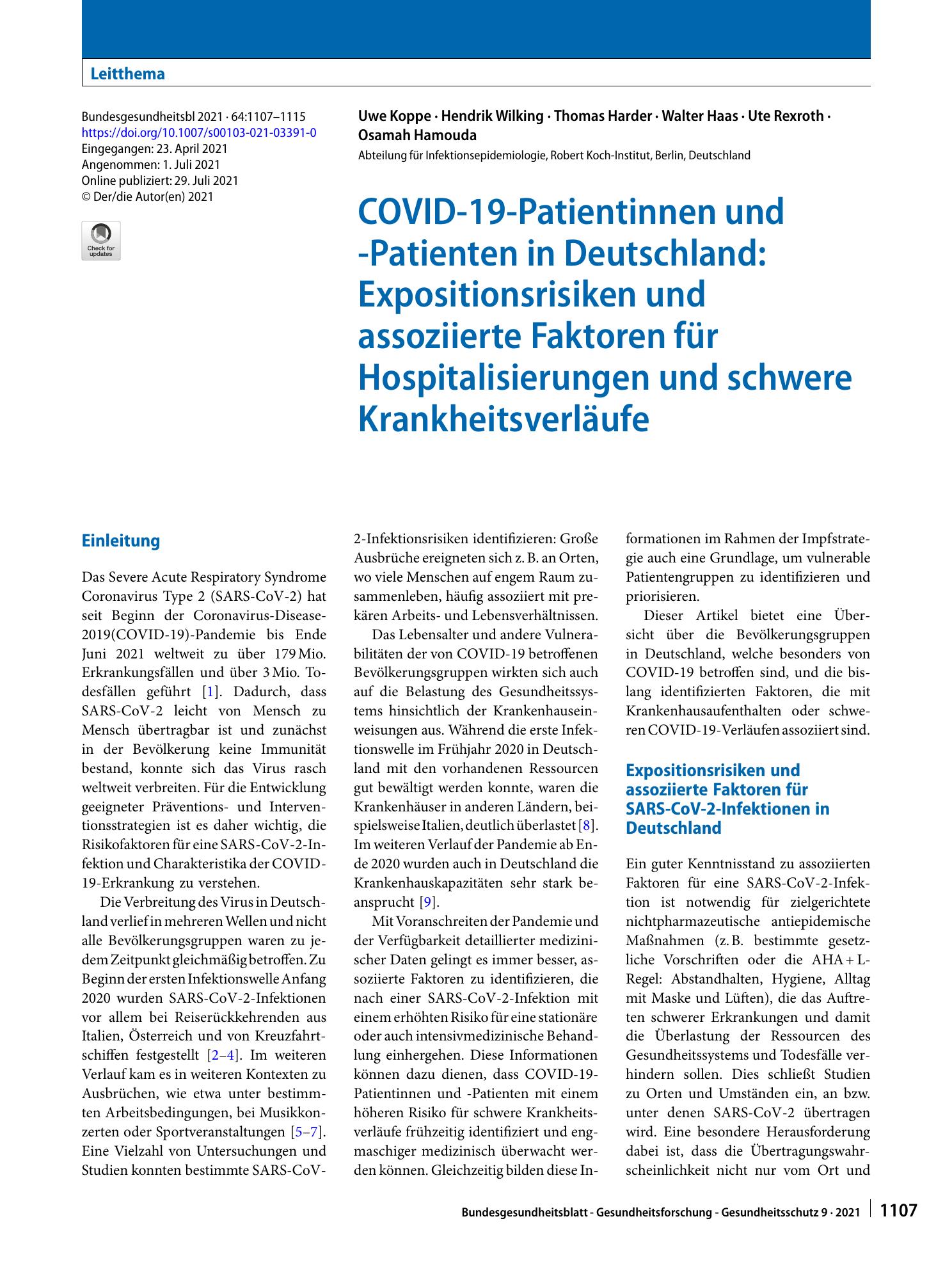 Vorschauseite 1: COVID-19-Patientinnen und -Patienten in Deutschland: Expositionsrisiken und assoziierte Faktoren für Hospitalisierungen und schwere Krankheitsverläufe