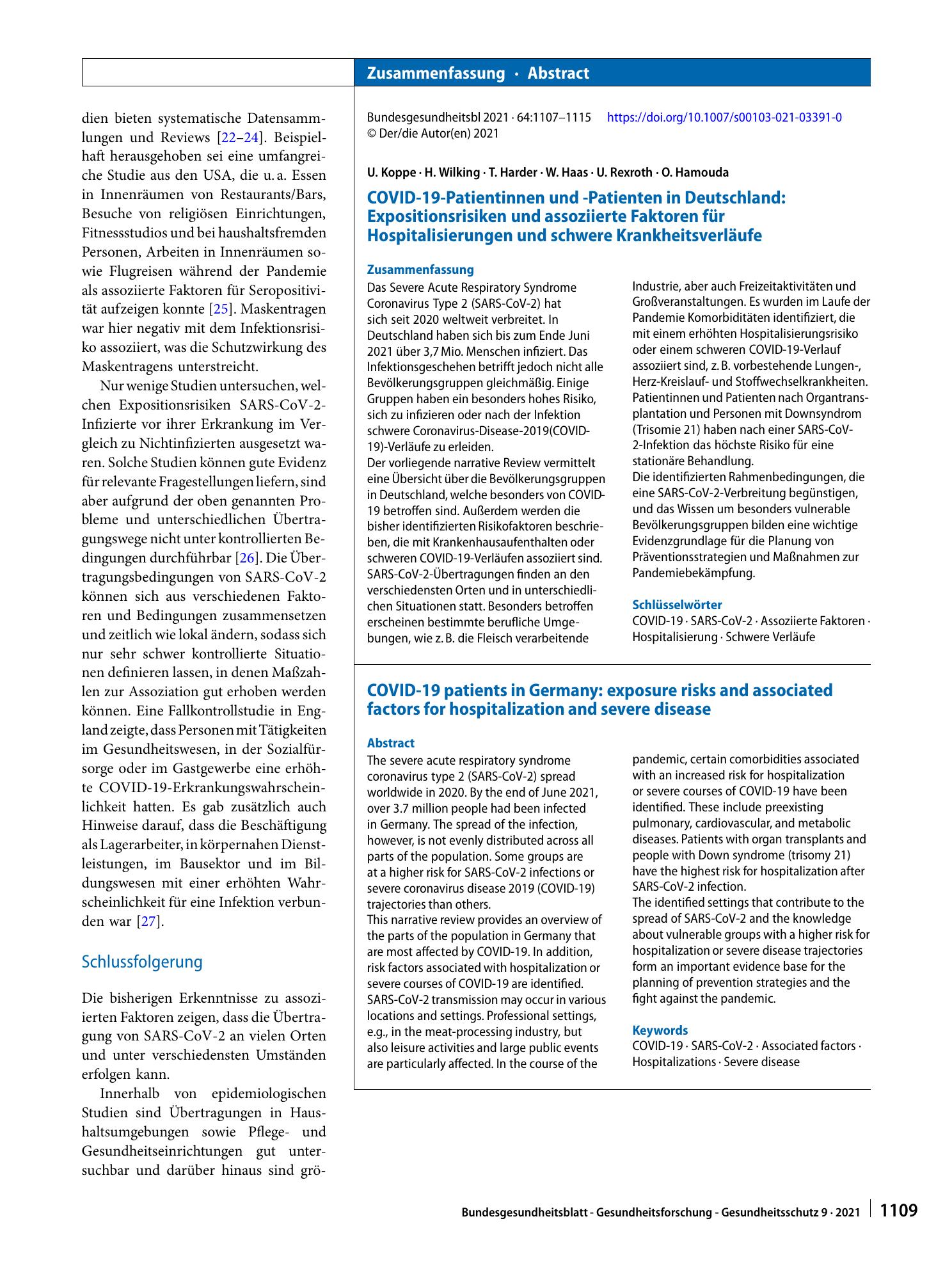 Vorschauseite 3: COVID-19-Patientinnen und -Patienten in Deutschland: Expositionsrisiken und assoziierte Faktoren für Hospitalisierungen und schwere Krankheitsverläufe