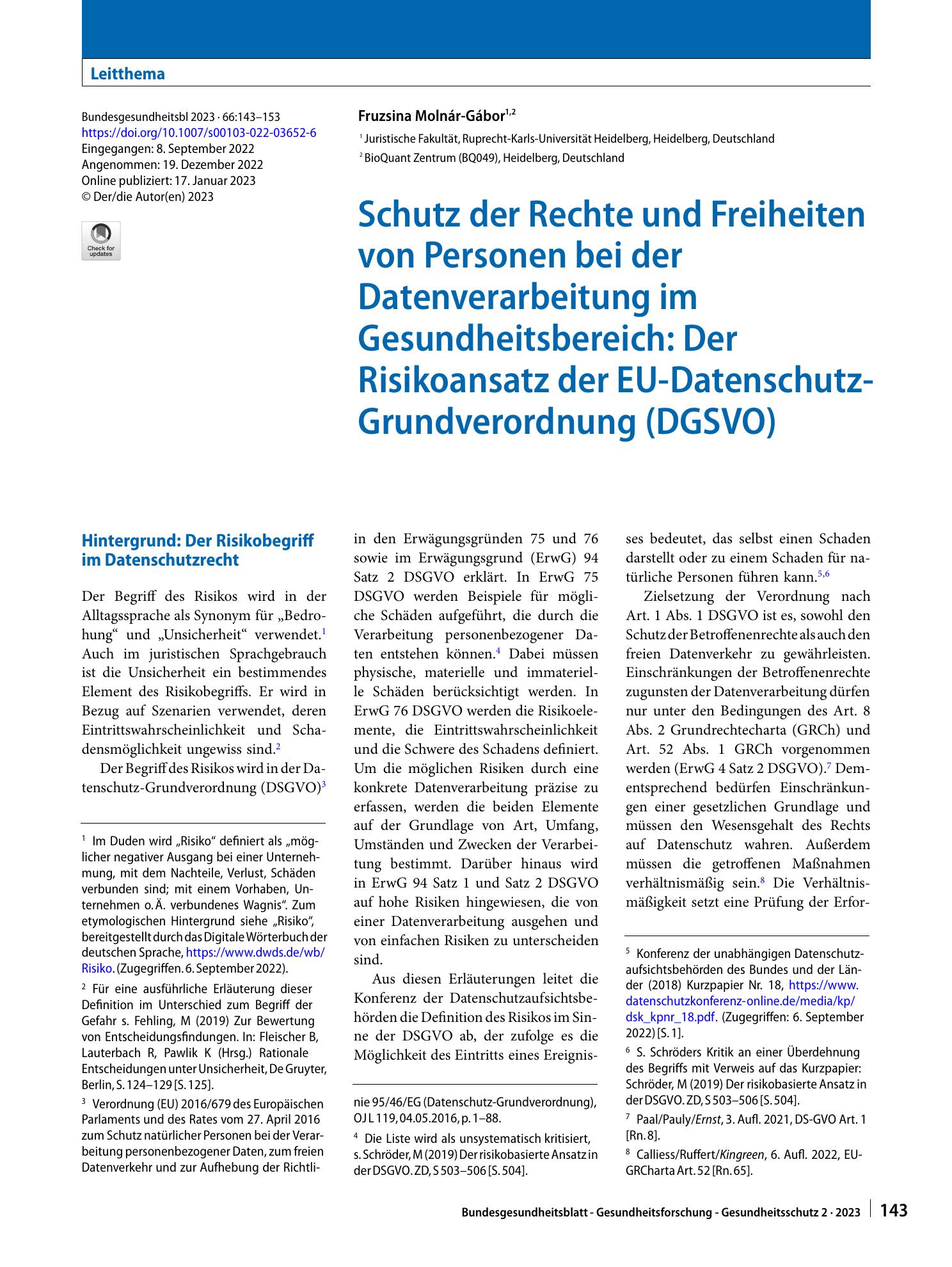 Vorschauseite 1: Schutz der Rechte und Freiheiten von Personen bei der Datenverarbeitung im Gesundheitsbereich: Der Risikoansatz der EU-Datenschutz-Grundverordnung (DGSVO)