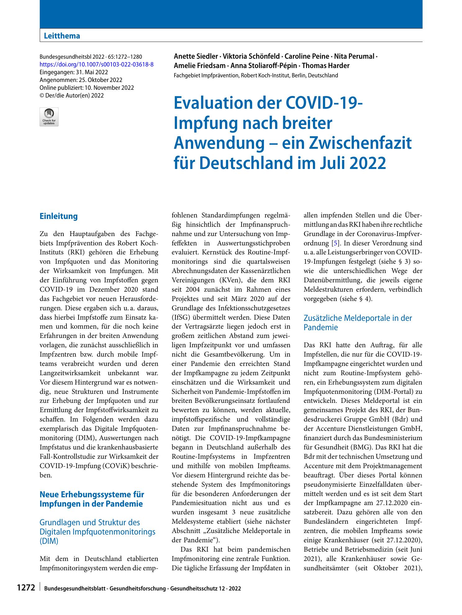 Vorschauseite 1: Evaluation der COVID-19-Impfung nach breiter Anwendung – ein Zwischenfazit für Deutschland im Juli 2022