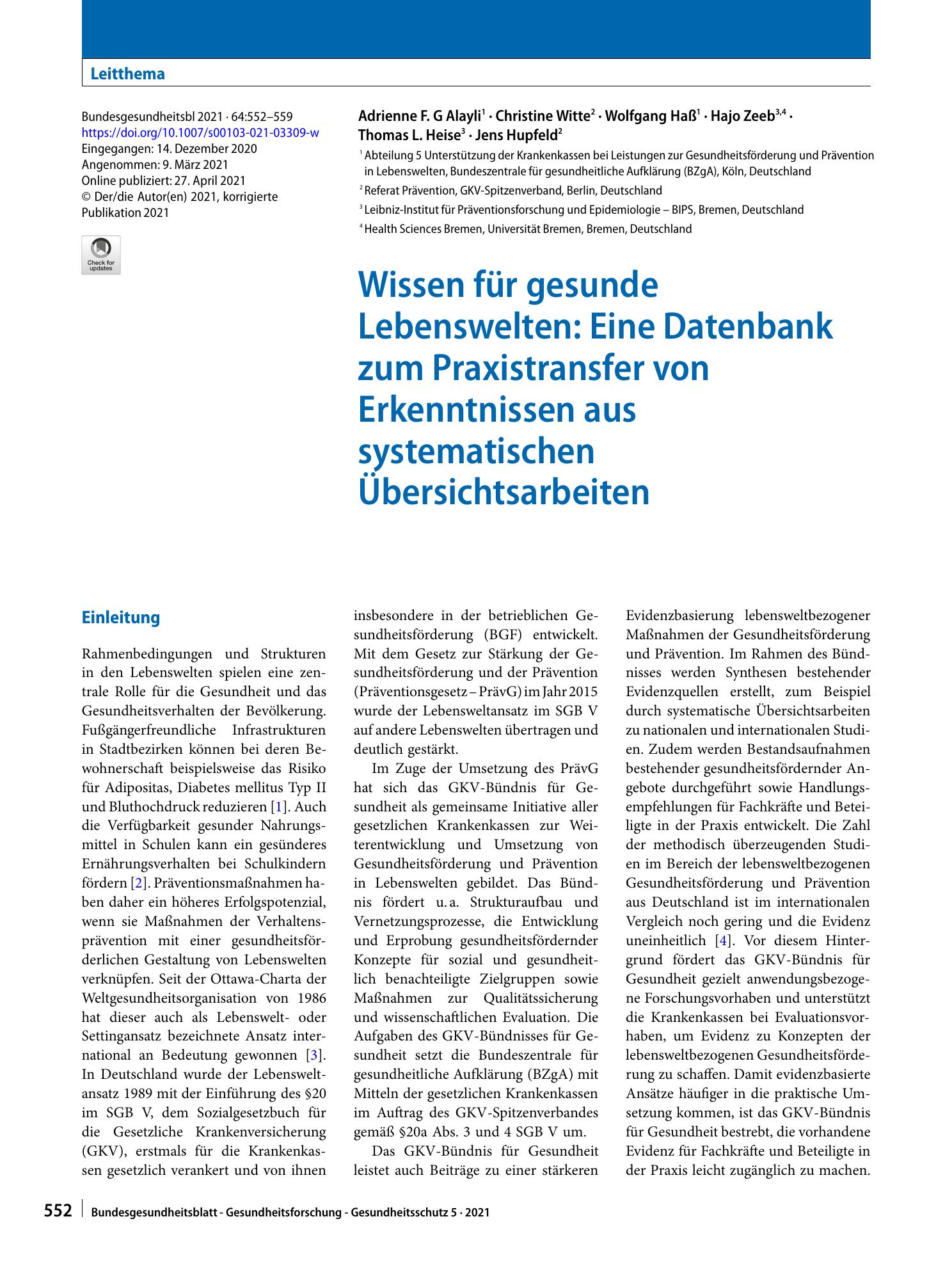 Vorschauseite 1: Wissen für gesunde Lebenswelten: Eine Datenbank zum Praxistransfer von Erkenntnissen aus systematischen Übersichtsarbeiten