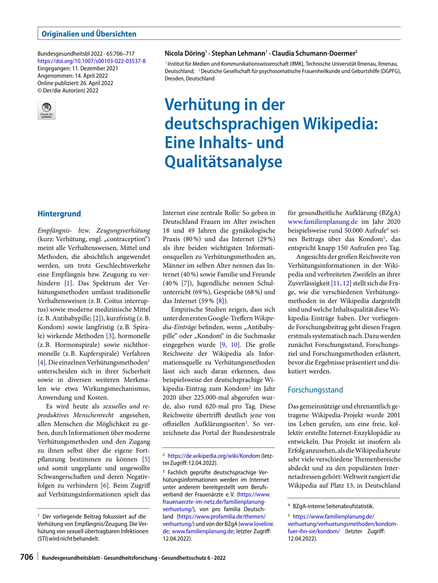 Vorschauseite 1: Verhütung in der deutschsprachigen Wikipedia: Eine Inhalts- und Qualitätsanalyse