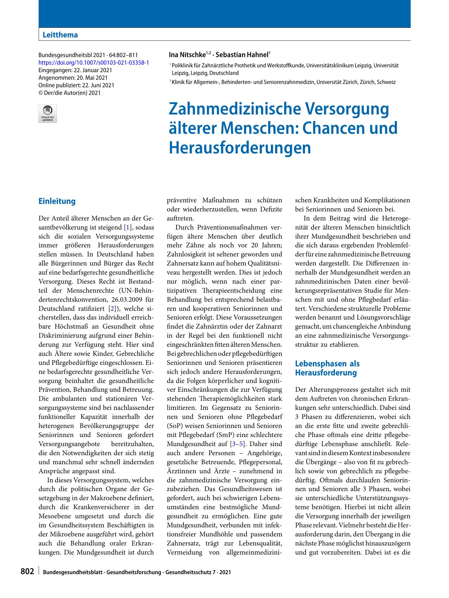 Vorschauseite 1: Zahnmedizinische Versorgung älterer Menschen: Chancen und Herausforderungen