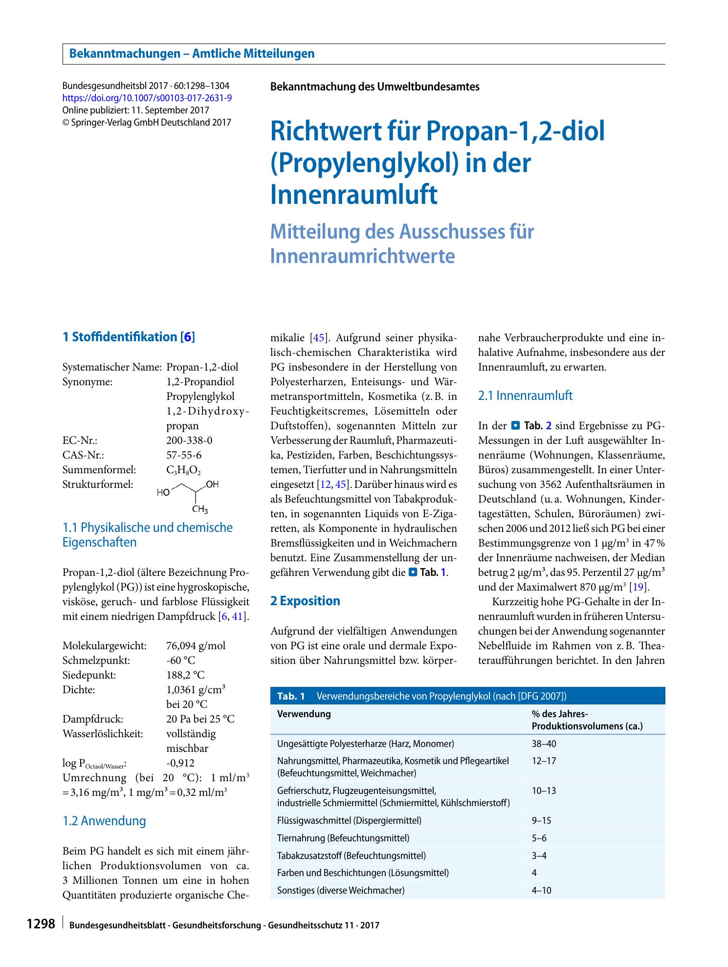 Vorschauseite 1: Richtwert für Propan-1,2-diol (Propylenglykol) in der Innenraumluft