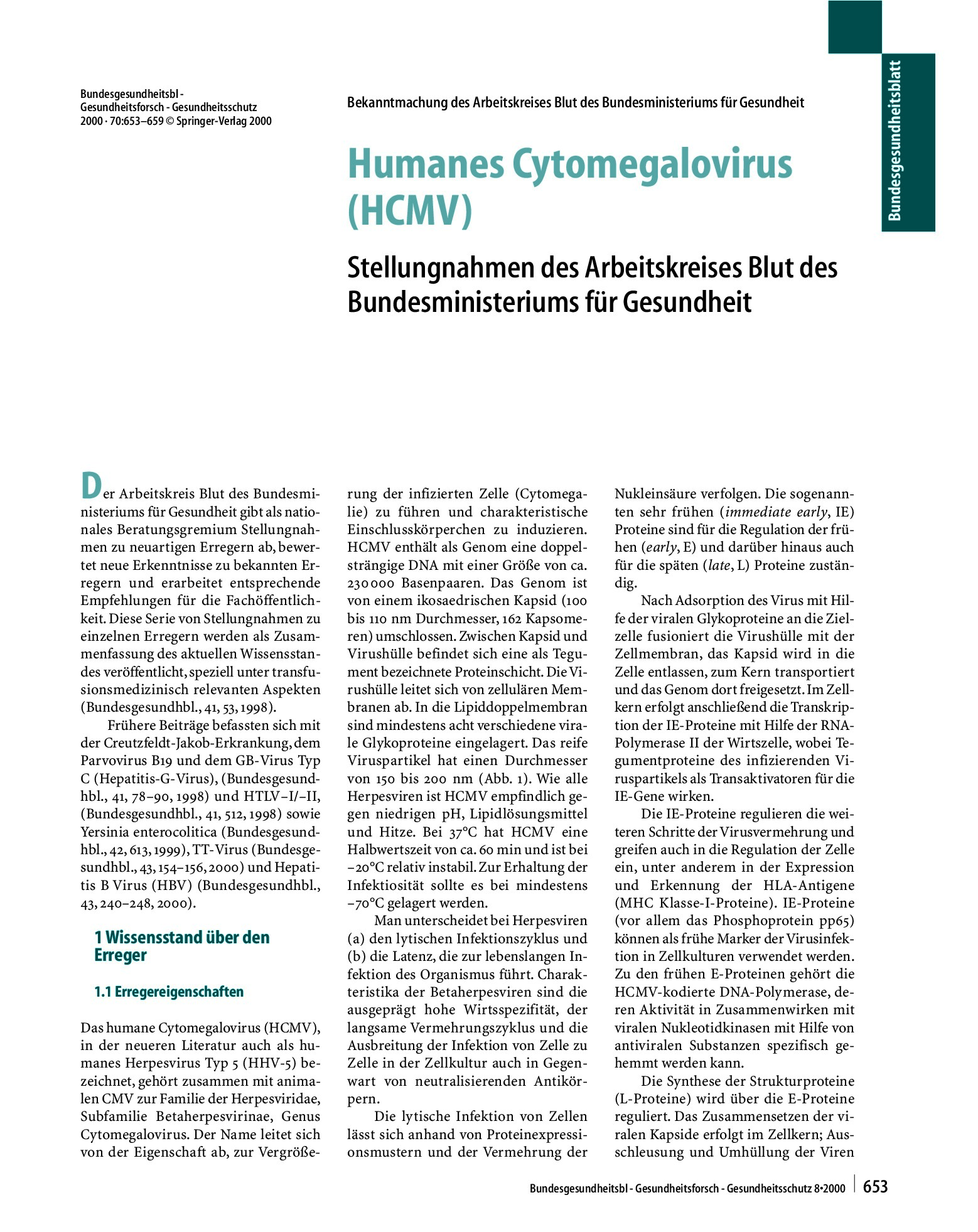 Vorschauseite 1: Humanes Cytomegalovirus (HCMV) Stellungnahmen des Arbeitskreises Blut des Bundesministeriums für Gesundheit